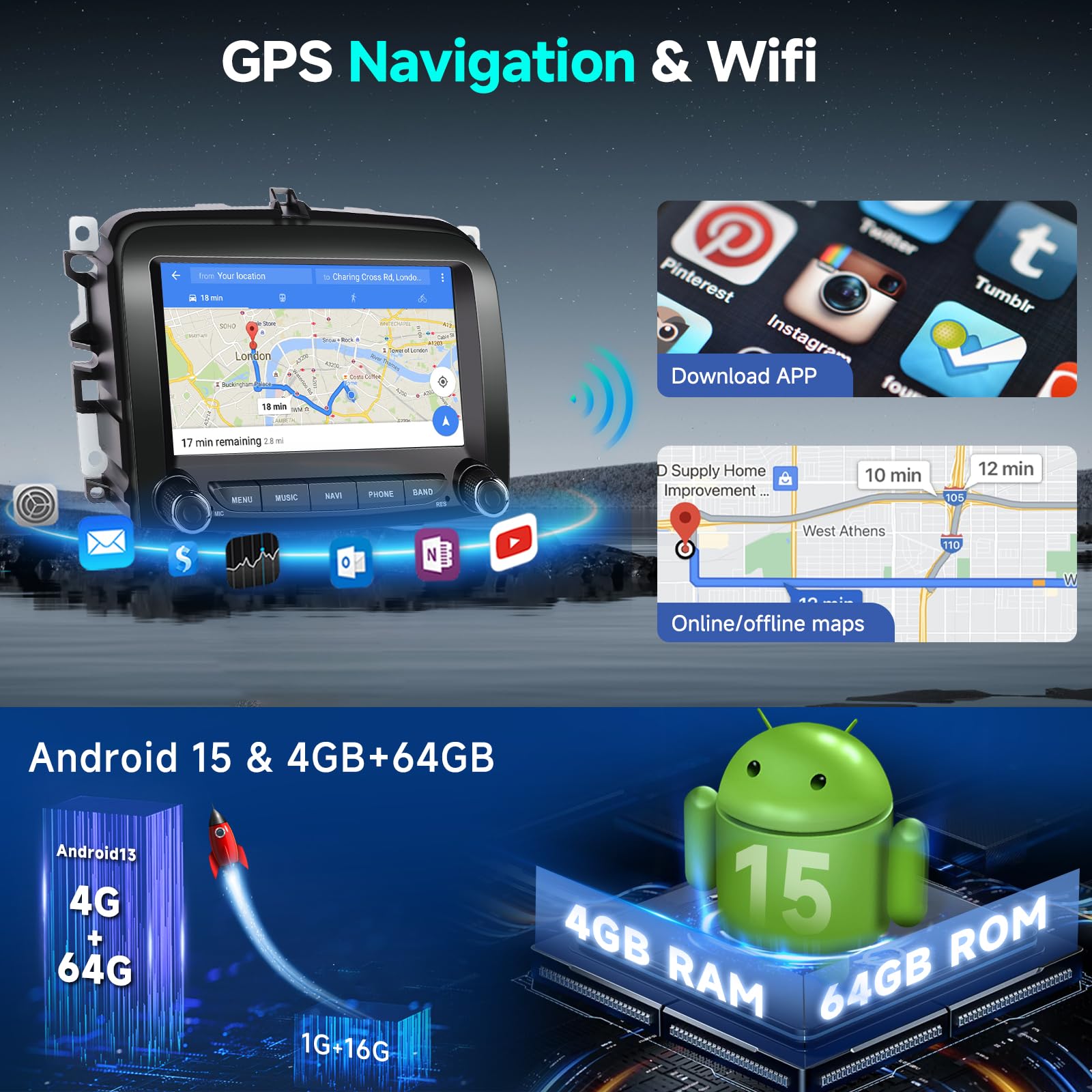 Hodozzy 4G+64G Android Autoradio per Fiat 500L 2013-2019 Radio Carplay Android Auto Wireless, 2 Din Schermo 9 Pollici Touch Screen Stereo GPS Navigatore WiFi Bluetooth DSP FM RDS Canbus Retromarcia