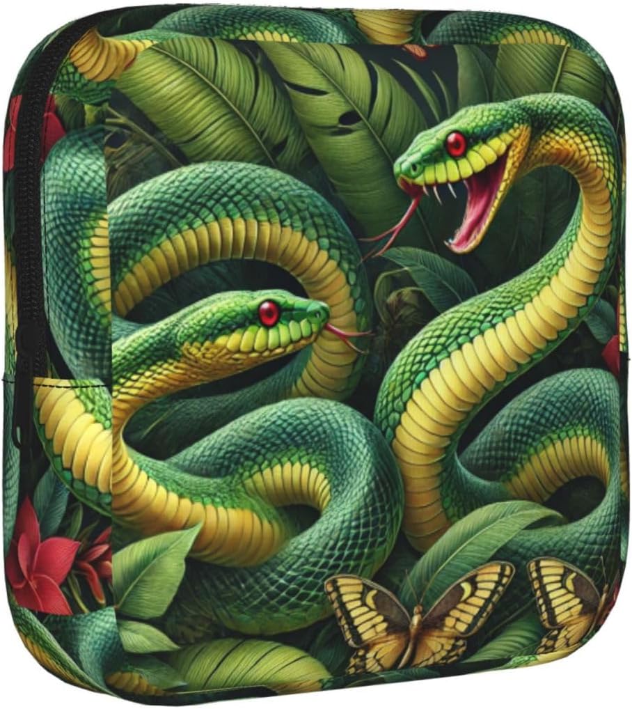 Realistic-Green-Snakes Portable Period Pad Pouch for Women, Sanitary Napkin Storage Bag with Zipper for Outdoor Use