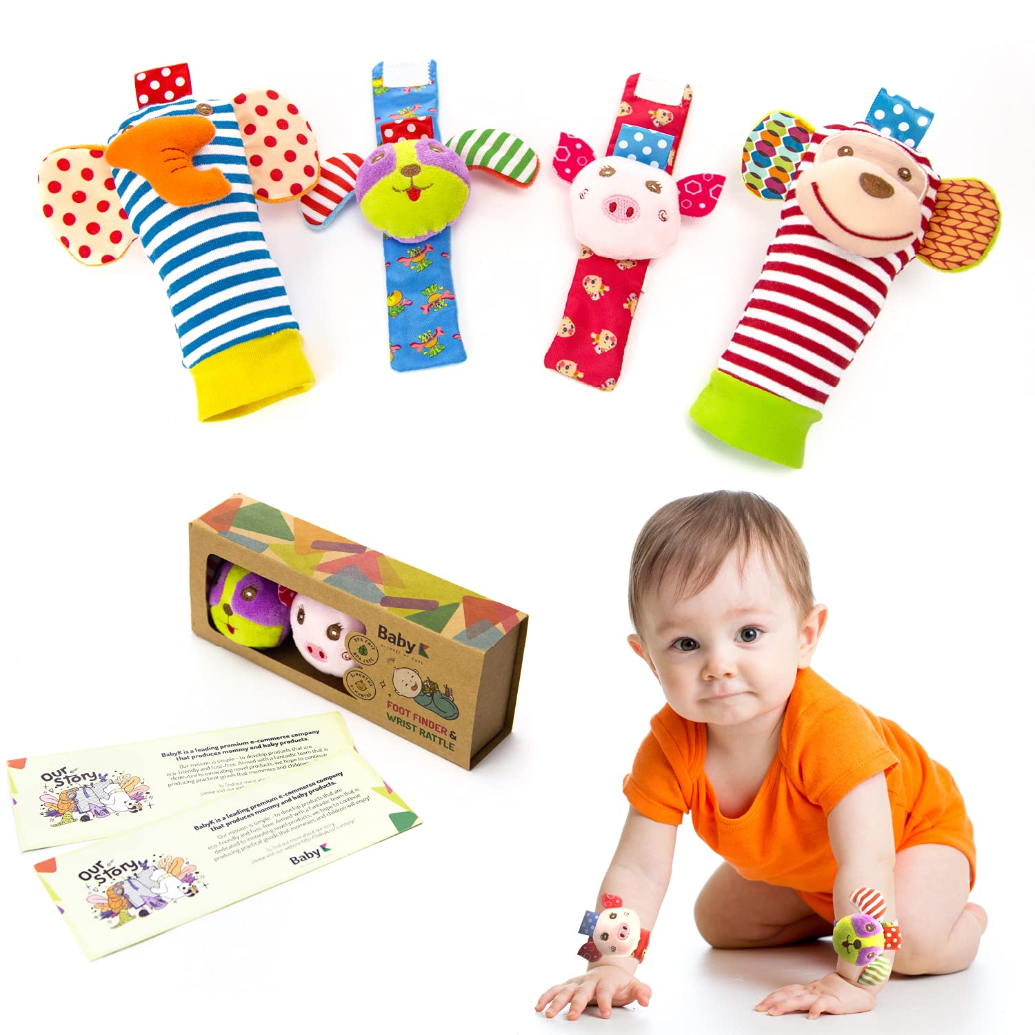 BABY K Foot Finder Socks & Wrist Rattles (Zoo Friends) - Newborn Toys for Baby Boy or Girl - Brain Development Infant Toys - Hand and Foot Rattles Suitable for 0-3, 3-6, 6-12 Months Babies