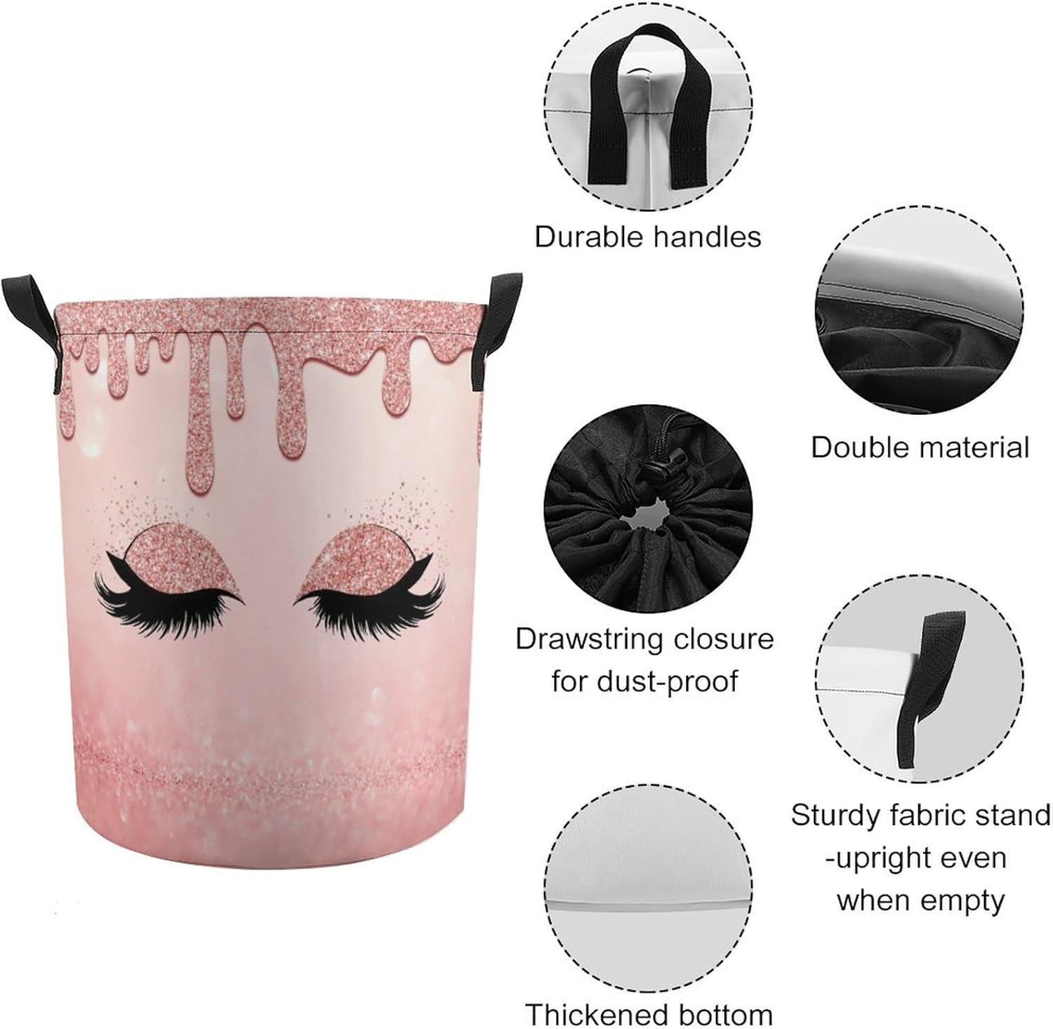 Rose Gold Eyelash Freestanding Waterproof Laundry Basket Modern Feminine Makeup Themed Dripping Glitter Print for Dorm Bathroom Bedroom Clothing Clothes Toys One Size