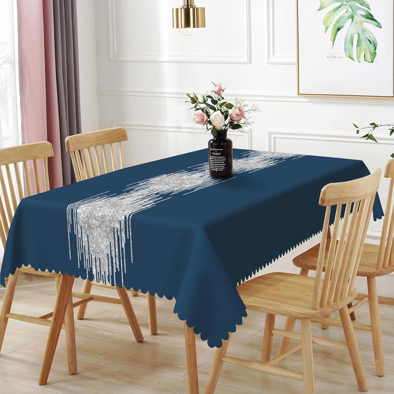 60x120inches Navy Blue Silver Rectangle Table Cloth Luxury and Modern Elegant Tablecloth Waterproof and Wrinkle Free Polyester Table Cover for Home Kitchen Dining Room Cafe Patio Restaurant