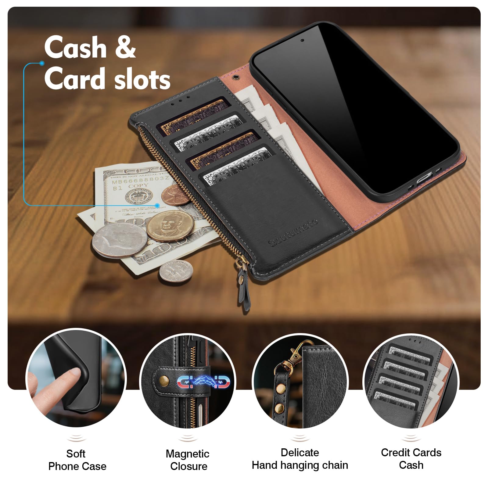 Custodia a portafoglio compatibile con Phone 17 Pro Max, con porta carte di credito, blocco RFID, cerniera, poket, in pelle PU, con cinturino da polso, slot per carte di credito, unisex, per