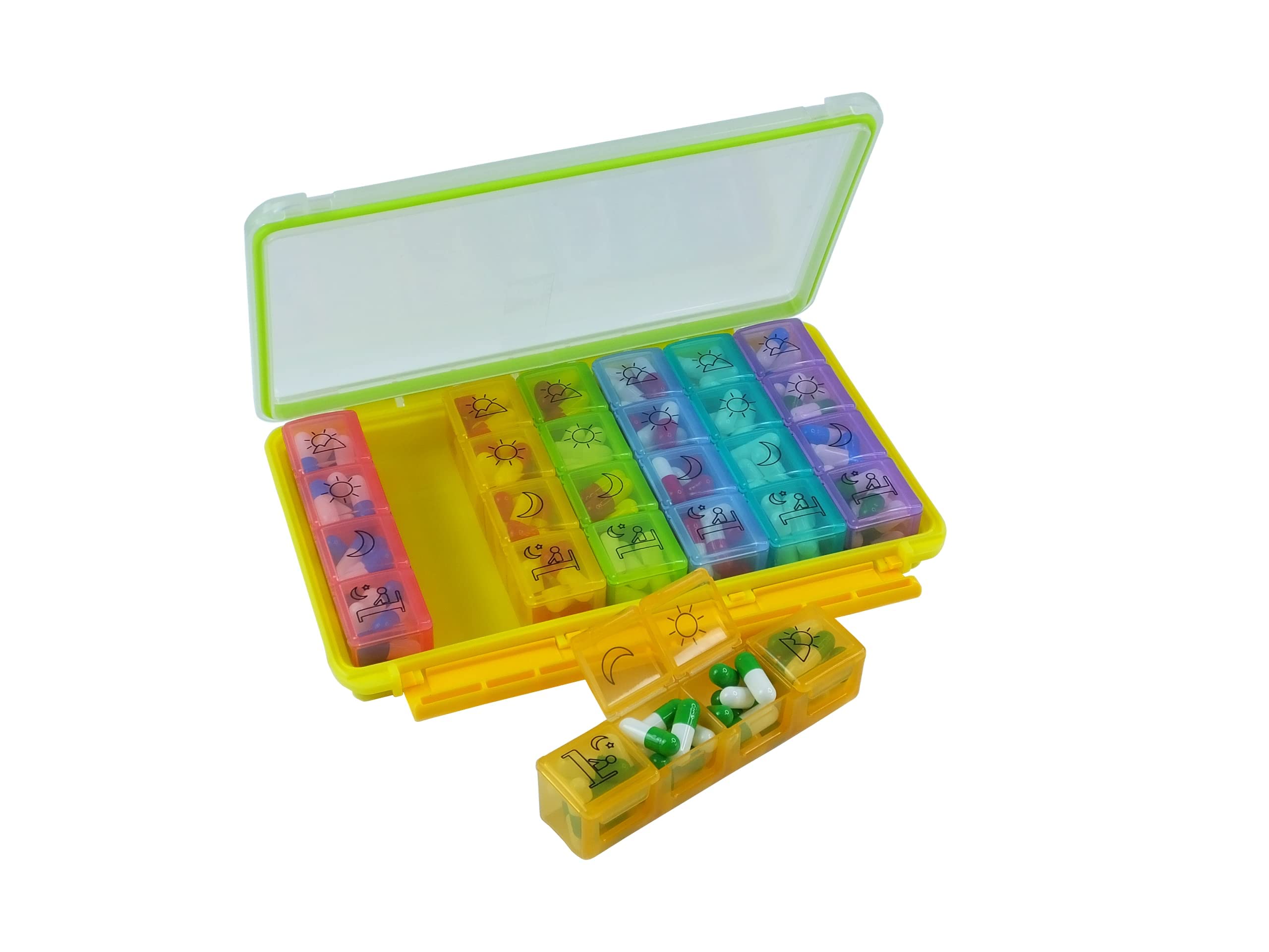 Weekly Pill Organizer - Portable 4 Times-A-Day - Water Moisture-Proof AM/PM Pill Case, Colorful 7 Day Medicine Holder Pill Box with Labels for Prescriptions, Medications, Vitamins, and Supplements