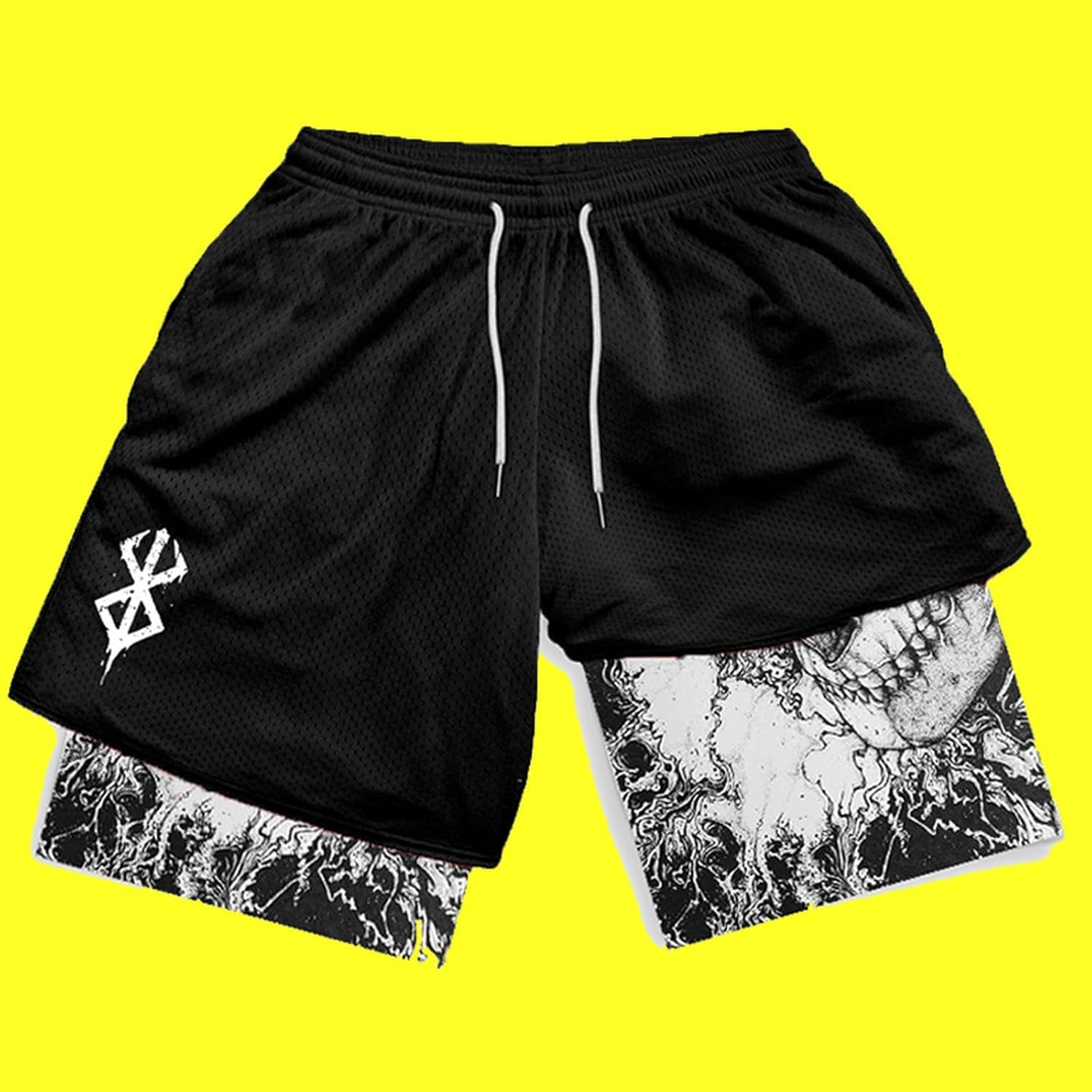 Y2K Letnie męskie Streetwear Anime Wysoka talia Oversize Oddychające krótkie spodnie gimnastyczne Szkolenie Fitness Workout Spodenki do biegania Ubrania, czarne (B), L