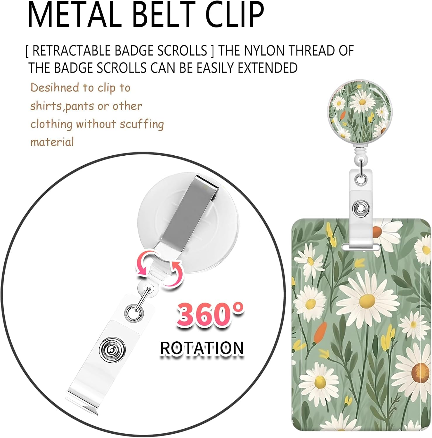 ID Badge Holder with Lanyard, Retractable Badge Holders Reels with Lanyards Adjustable, for Women Kids Teacher Nurses Doctor Student(Cute Green Flower) - Image 7