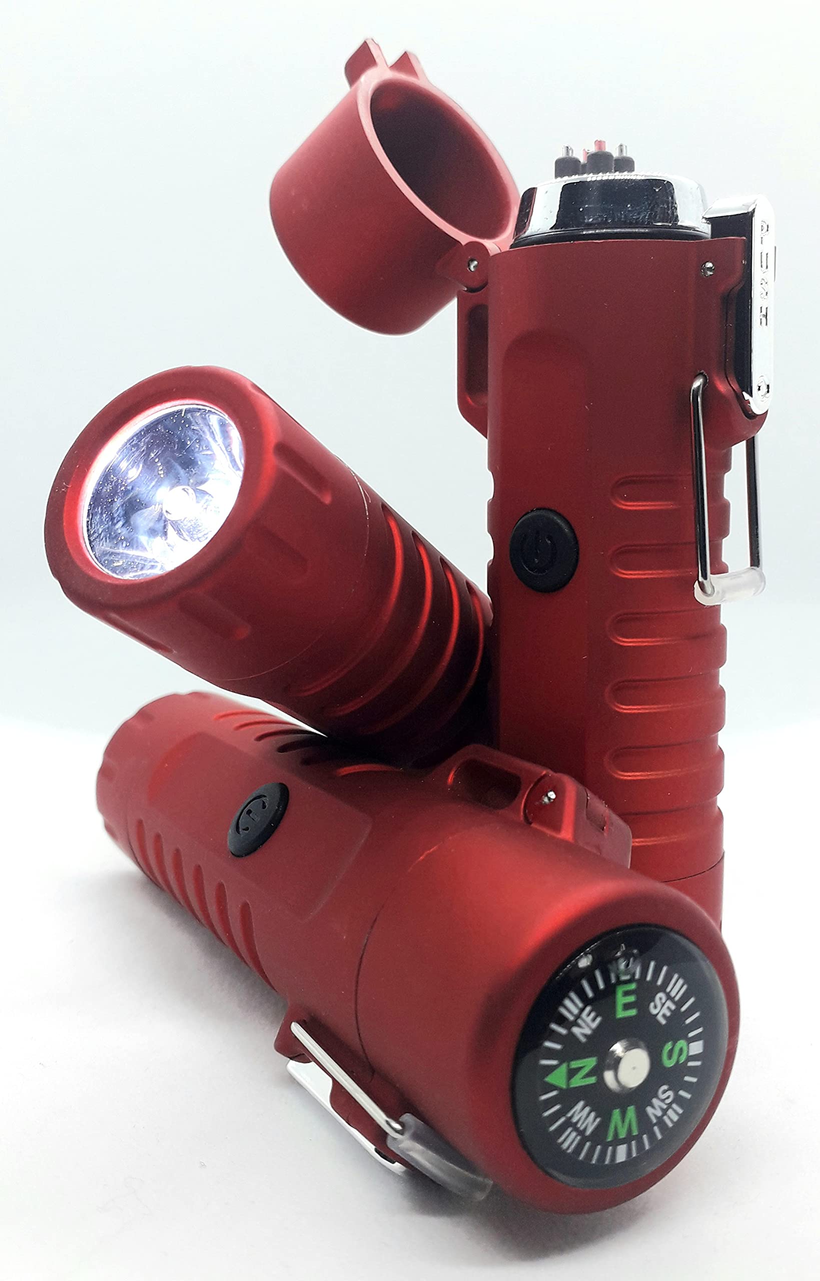 Multifunction Waterproof Dual Arc Lighter with LED Flashlight and Compass. Outdoors Survival Tactical Tool.RED colour