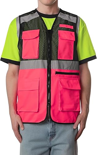 SHORFUNE Chaleco de seguridad de alta visibilidad con bolsillos, lengüeta para micrófono, tiras reflectantes y cremallera, estándares ANSIISEA disponible en Yaxa Costa Rica