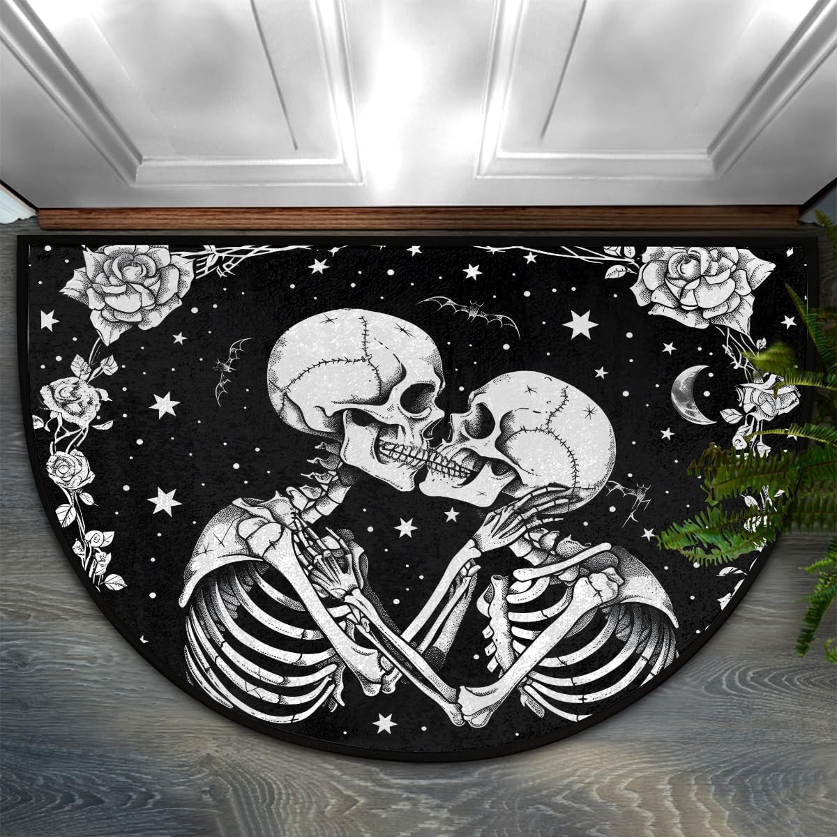 Human Flower Skull Halloween Half Round Door Mat Non Slip Washable Semi Circle Area Rug Absorbent Soft Half Moon Rug Floor Mat for Indoor Outdoor Kitchen Bathroom Patio Front Door Mat Decor
