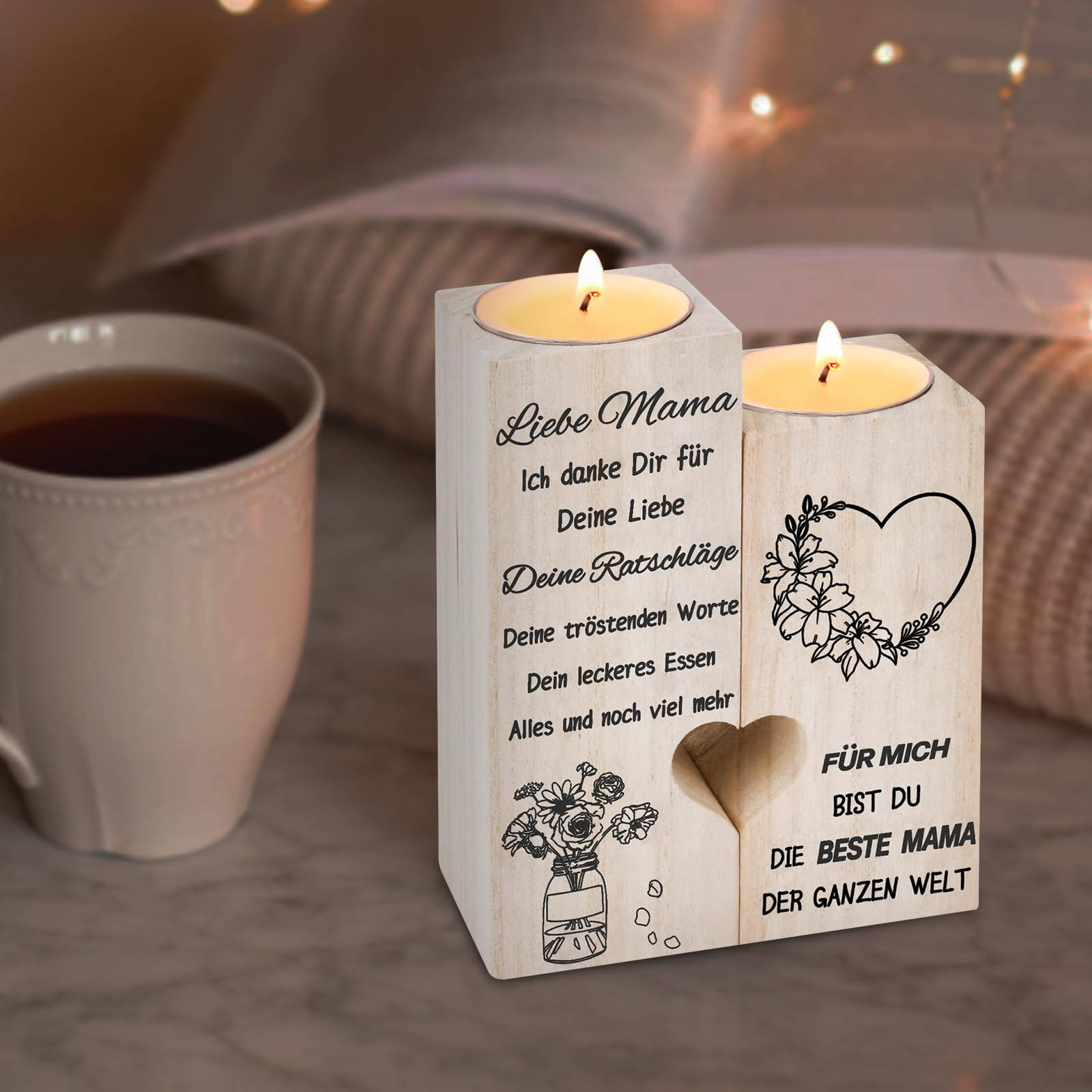 Herzförmiger Kerzenständer Aus Holz – Personalisiertes Geschenk Für Mama Zu Muttertag, Geburtstag & Weihnachten