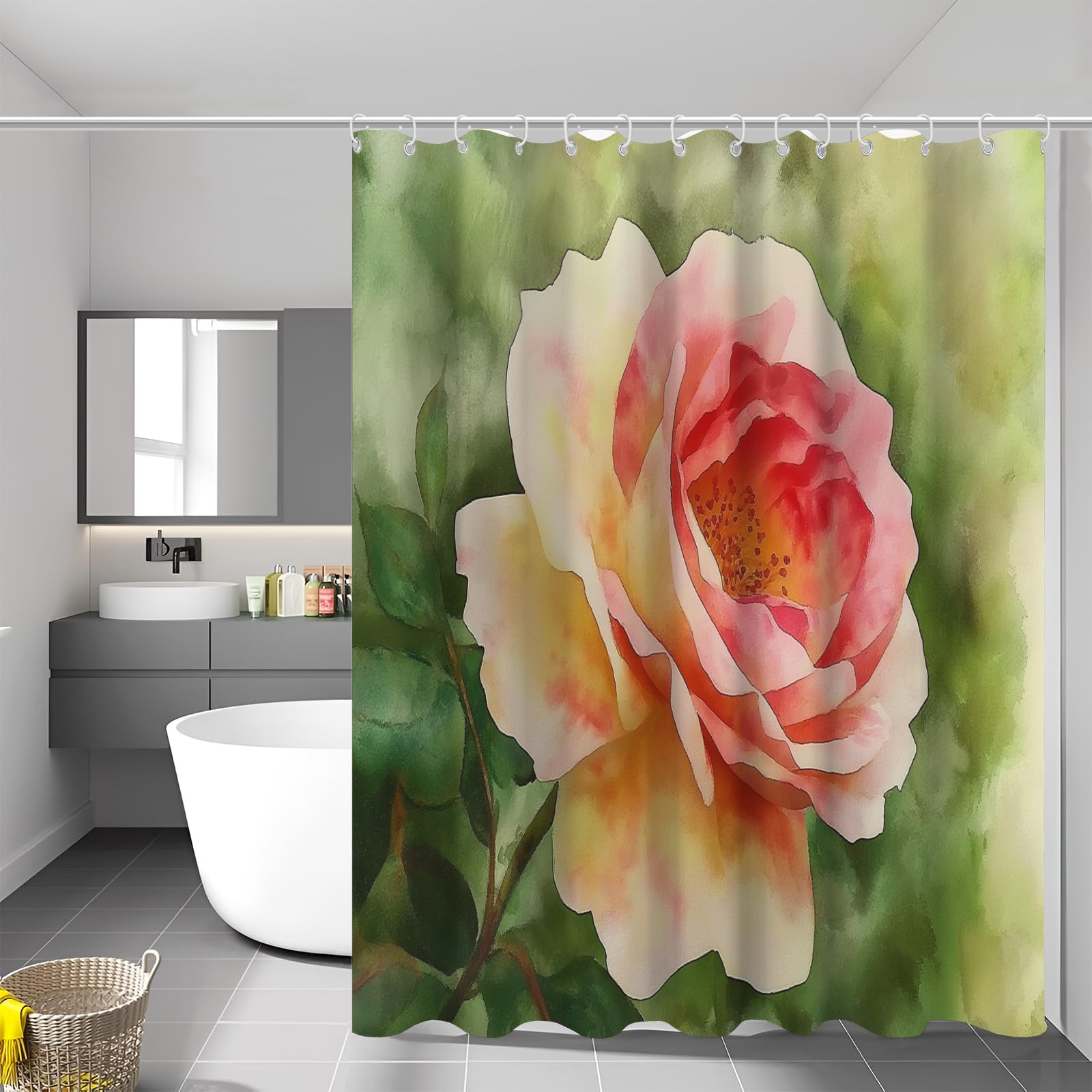 Rideau de bain anti-moisissure imperméable lavable en tissu aquarelle rose avec crochets