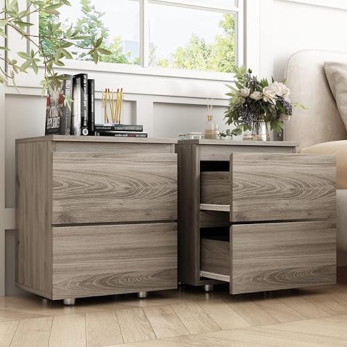 AIEGLE Mesita de noche blanca con 2 cajones, mesa auxiliar de madera pequeña para almacenamiento, juego de 2, almacenamiento sin asas para