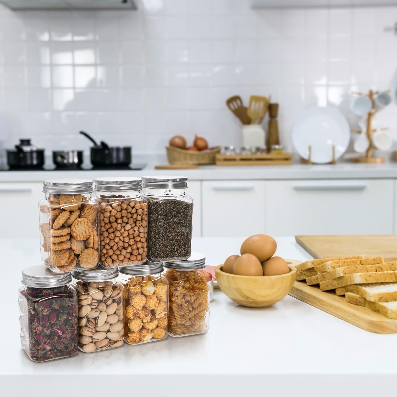 Tarros de plástico transparente de 12 onzas con tapas, juego de 16 recipientes herméticos para almacenamiento de alimentos, tarros de plástico vacíos cuadrados recargables para alimentos secos, 7