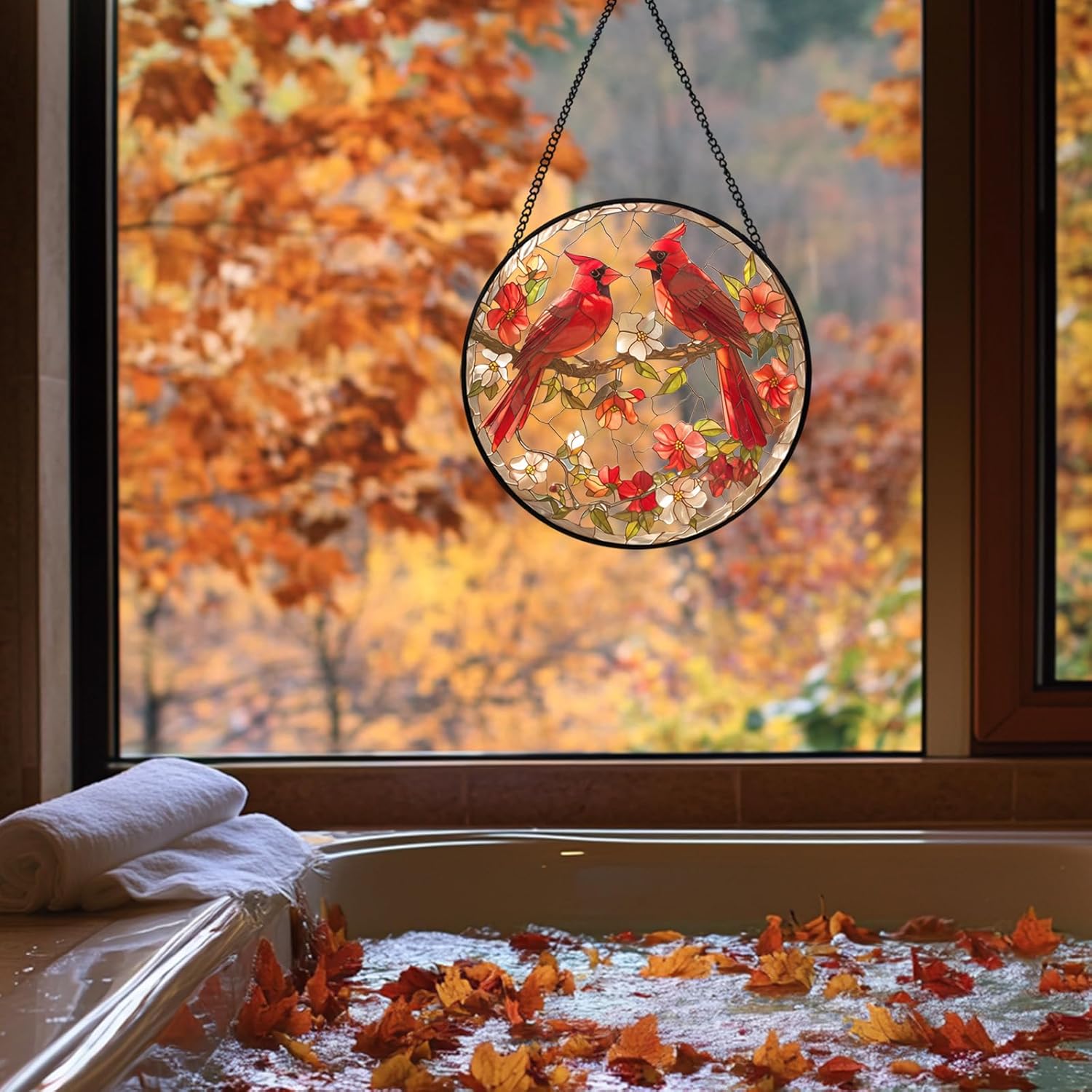 Stained Glass Style Cardinal Suncatcher, 7.87 Inch (20cm) Round Real Glass Window Hanging with Gift Box and Chain, Bird Decor Gift - Image 3