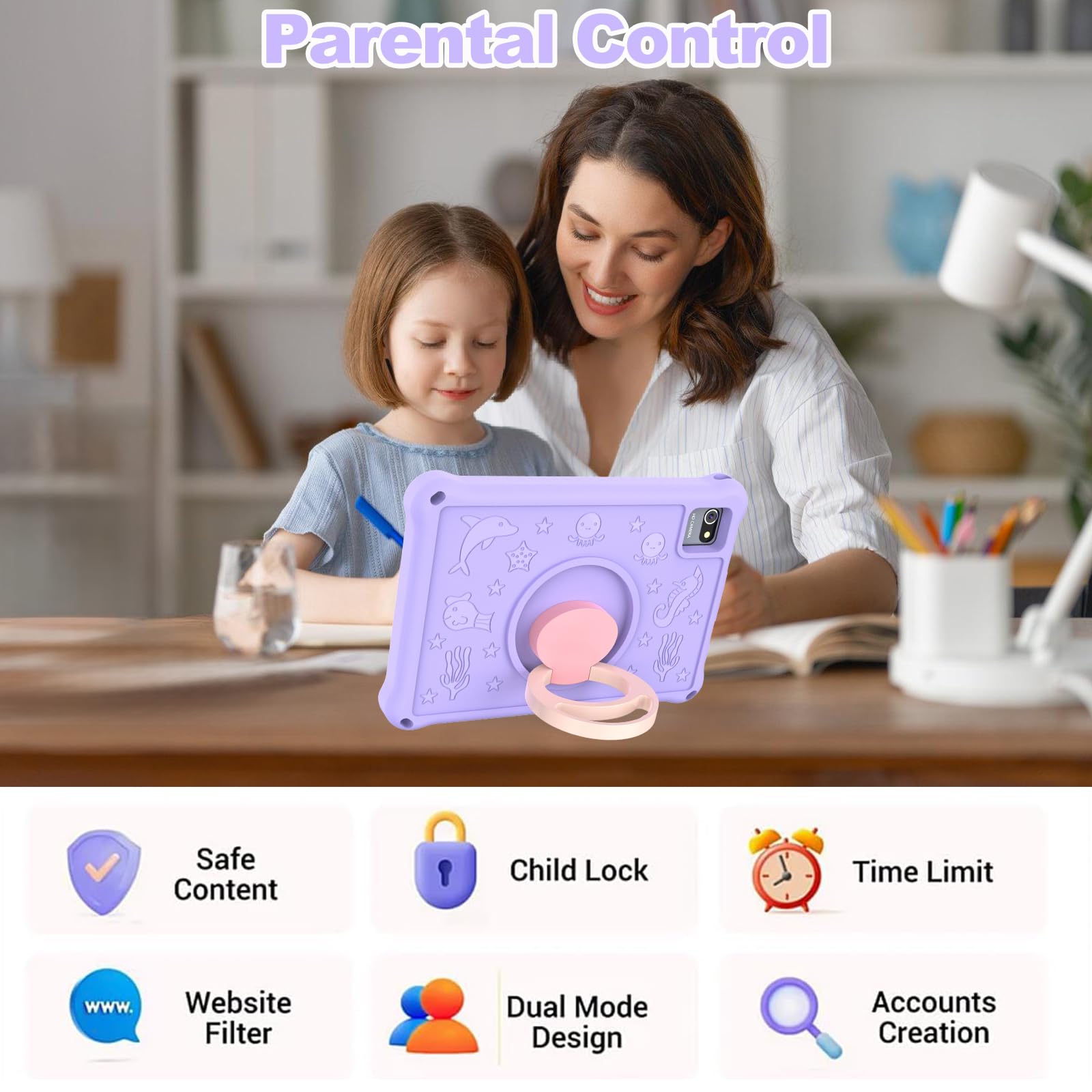 Tablet Bambini 10.1 Pollici, Android 13 Educativo per Bambini 8GB RAM 128GB Rom,Controllo Parentale,6000mAh,WiFi FHD 1280x800 per Tablet PC 3 a 6 Anni con Custodia,Viola