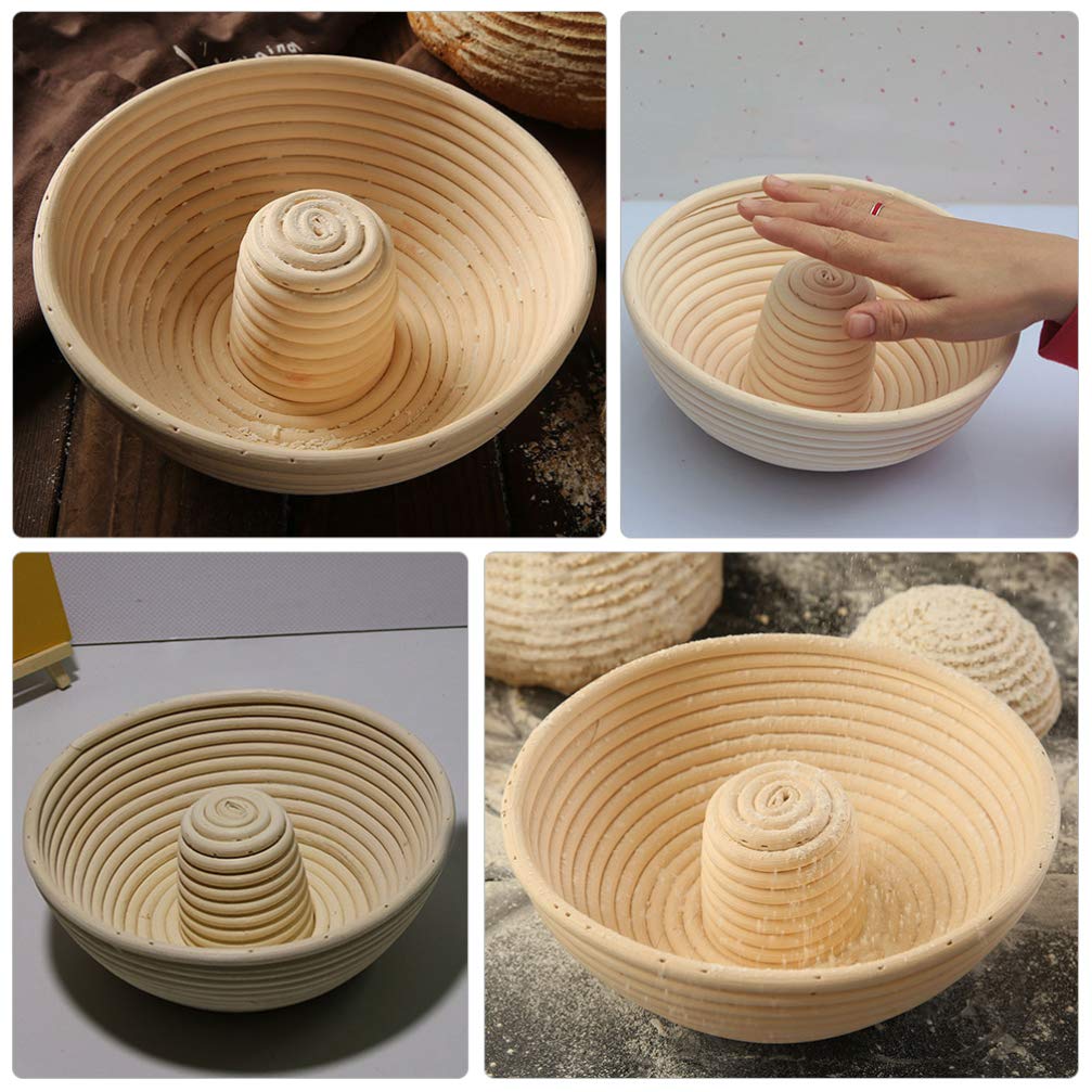 Pan Banneton Cesta de prueba Circular Brotfom Masa Proving Bowl Anillo tejido a mano Redondo Rattan Couronne Sourdough Lame Pan Rising Basket with Center Riser 22X8CM / 42