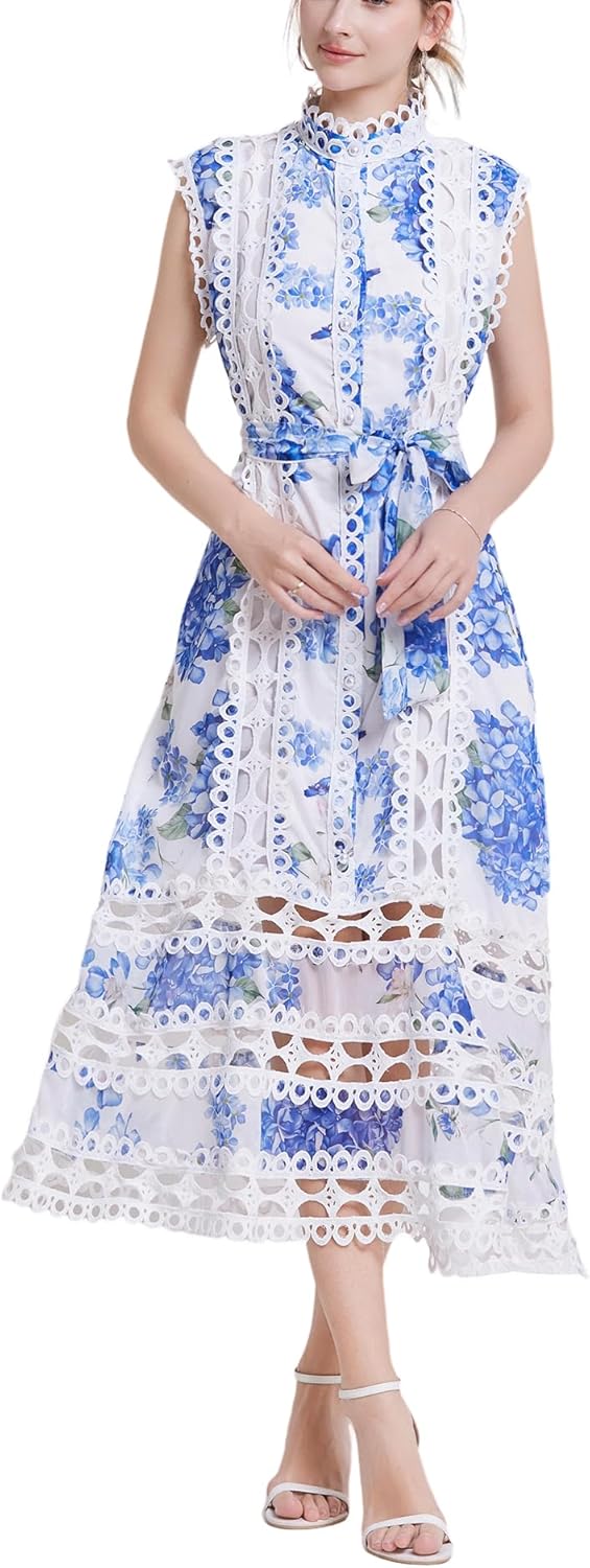 Women Lace Hollow Out Dress Party Midi Casual Sleeveless Button High Neck Dresses with Belt - Image 2