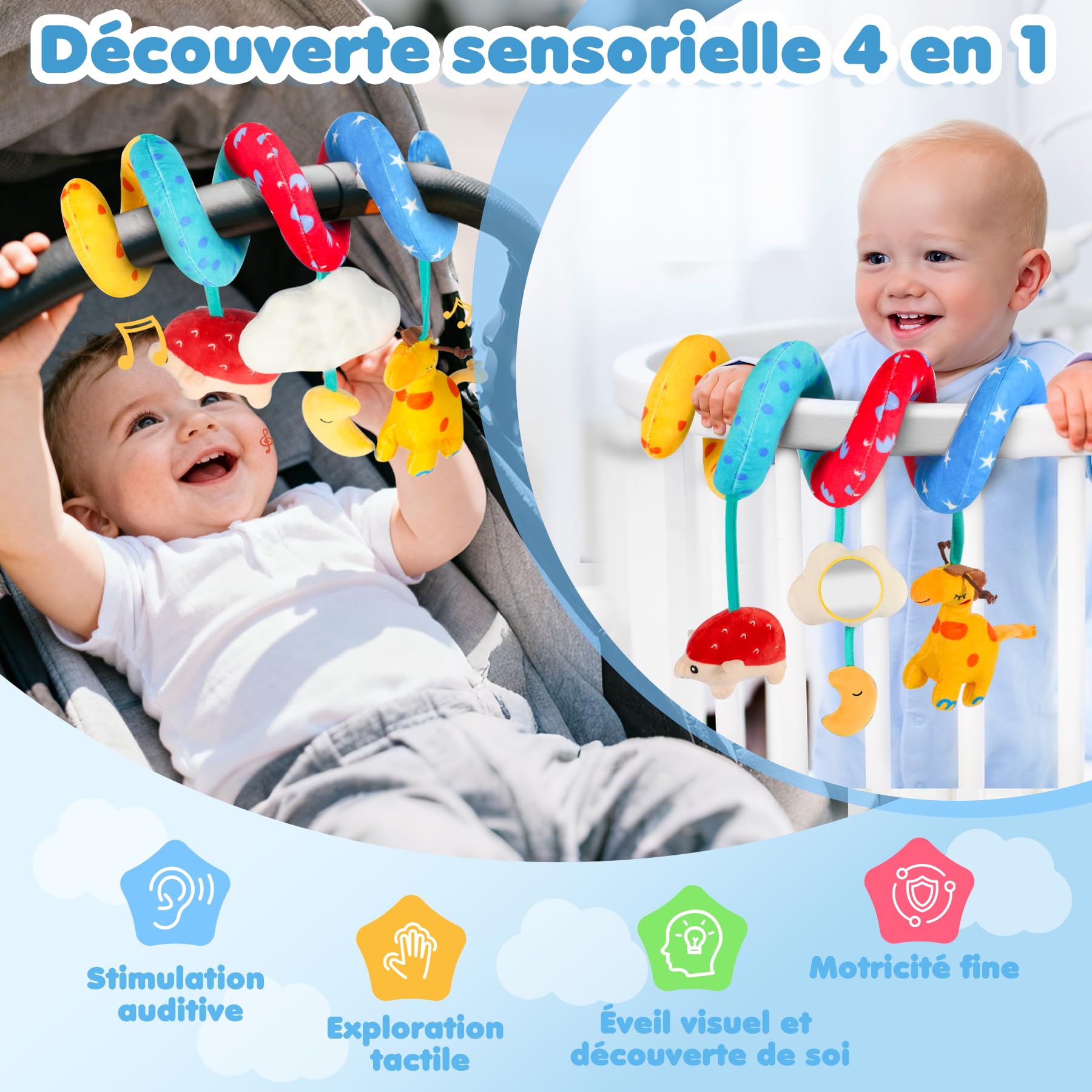 URMYWO Spirale d'Activité Bébé - Arche d'Éveil avec Jouet Sensoriel aux Contrastes Noir et Blanc, à Accrocher sur la Poussette, Le Lit ou Le Siège Auto pour Stimuler la Motricité - Idéal 0-6 Mois