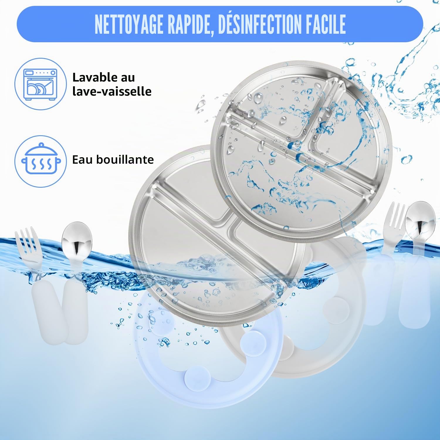 2 pièces Assiette Ventouse pour bébé Acier Inoxydable, Ustensiles Pour Bébé avec 2 Cuillères Et Fourchettes, Oreilles de Chat Compartiment Bebe, Assiette inox enfant Lavable au lave - vaissel