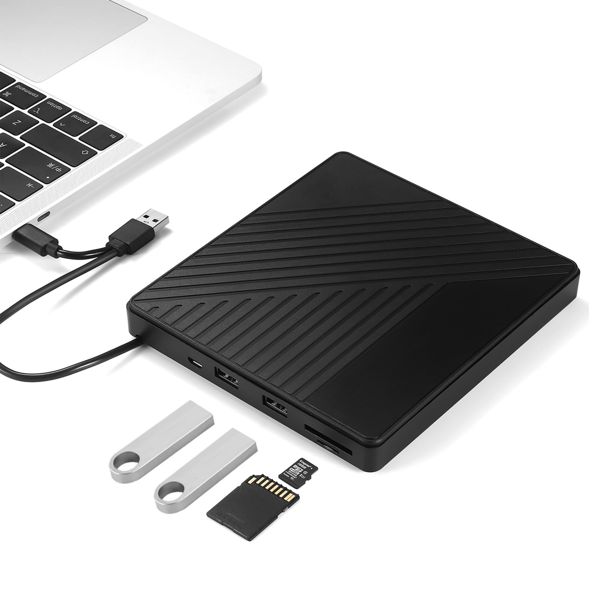 Reagle Externe CD/DVD Brenner USB 3.2 USB-C – Tragbares Laufwerk mit SD/microSD Kartenleser, 2 USB-A Ports, Plug & Play