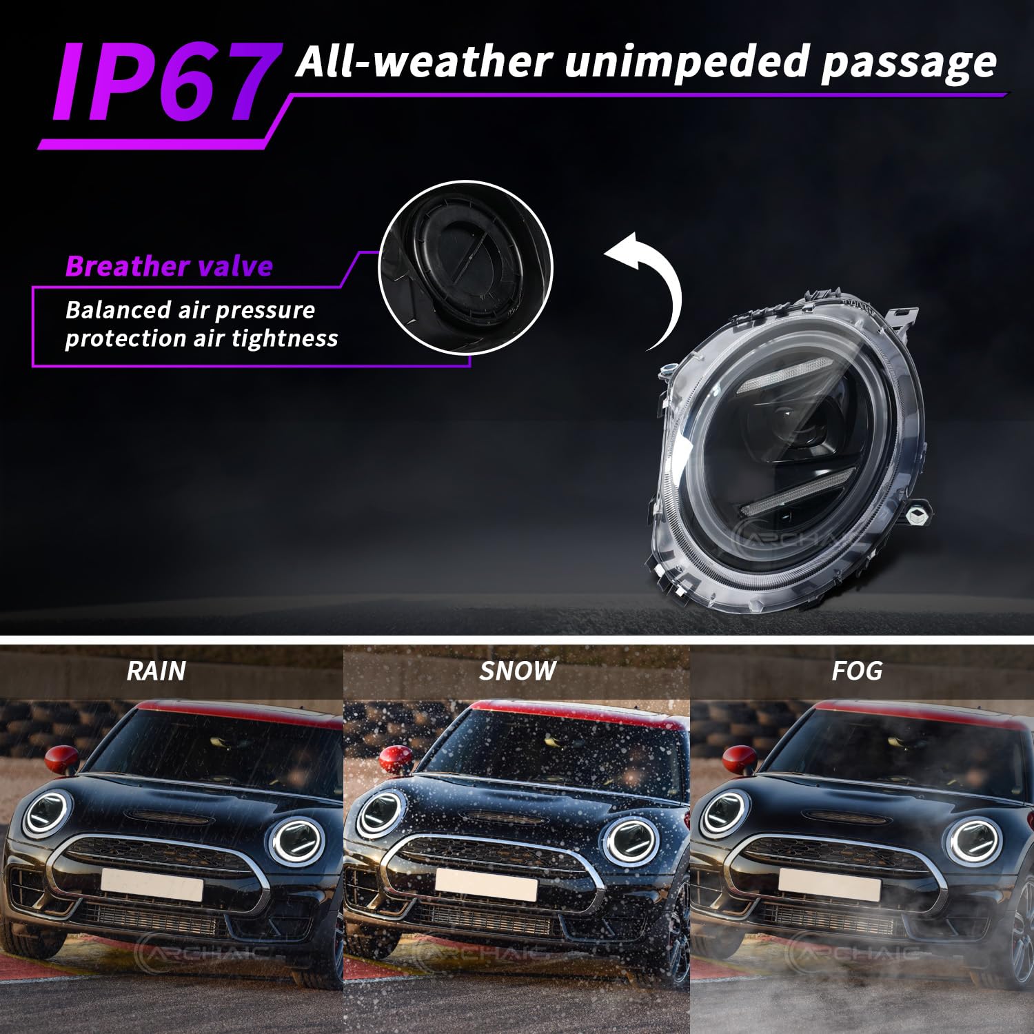 Archaic RGB LED Reflektory kompatybilne z Mini F56 Clubman Cooper F54 F55 F56 F57 F58 F59 JCW 2014-2021, do modeli halogenowych OE z animacją DRL, para