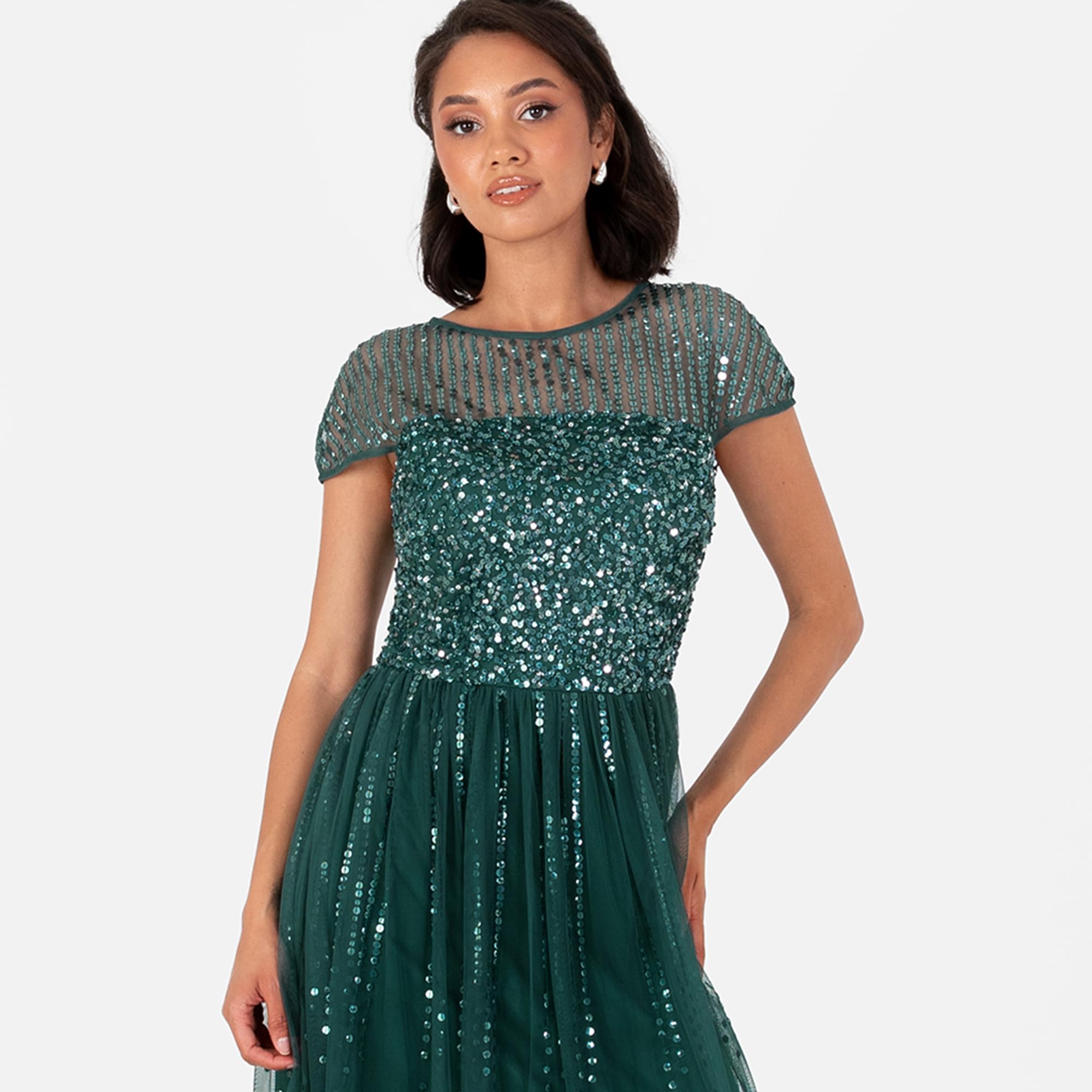 Maya Deluxe Damska sukienka maxi, z okrągłym dekoltem, z paskiem w paski, z haftowaną koszulką, z motywem nagrody A-line, szmaragdowy (Emerald Green), 54