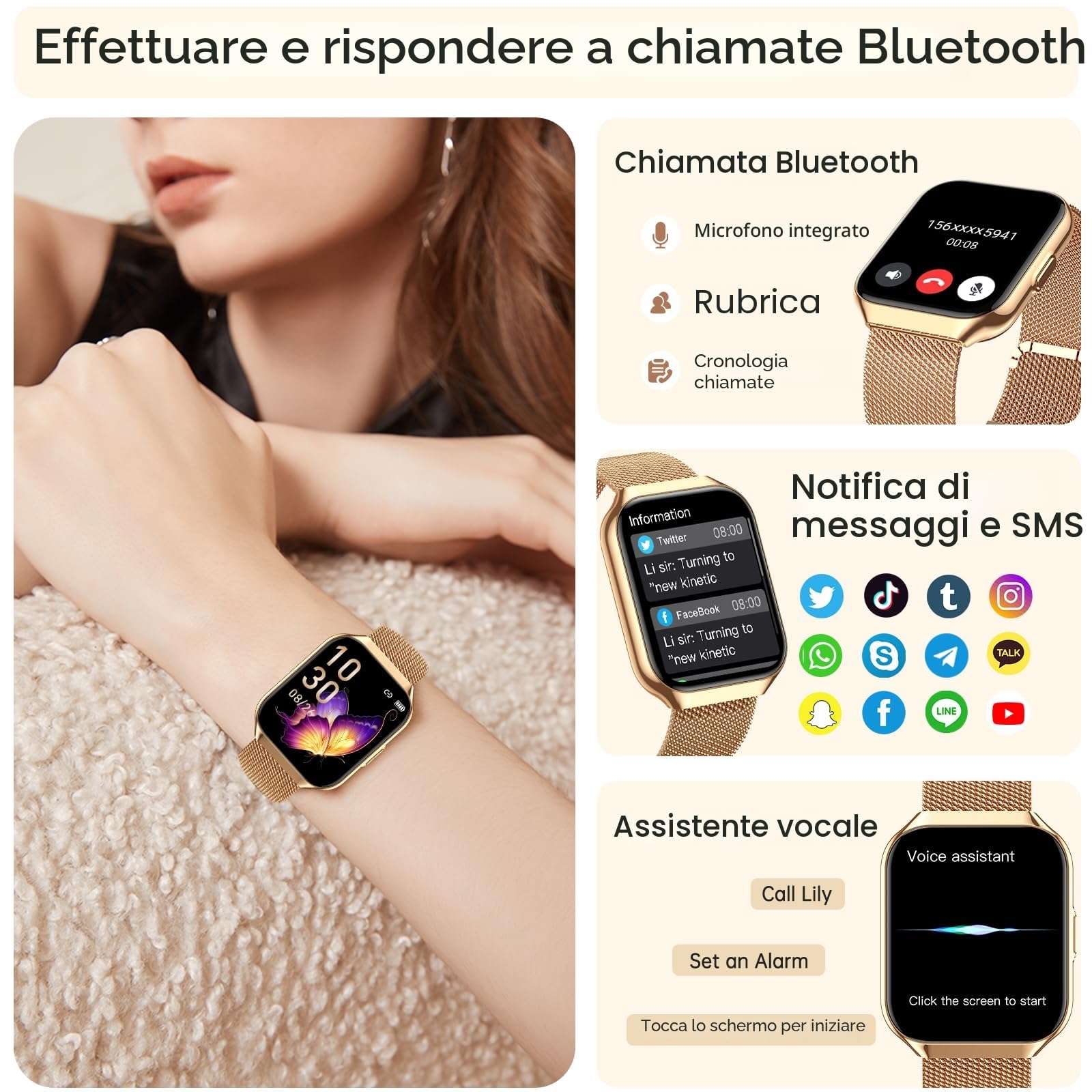 Smartwatch Donna, 1,91" HD Orologio Smartwatch Donna con Chiamate Bluetooth, 120+ Modalità Sport, Monitoraggio Salute 24/7, Impermeabile IP68, Fitness Tracker Compatibile con Android e iOS, Oro