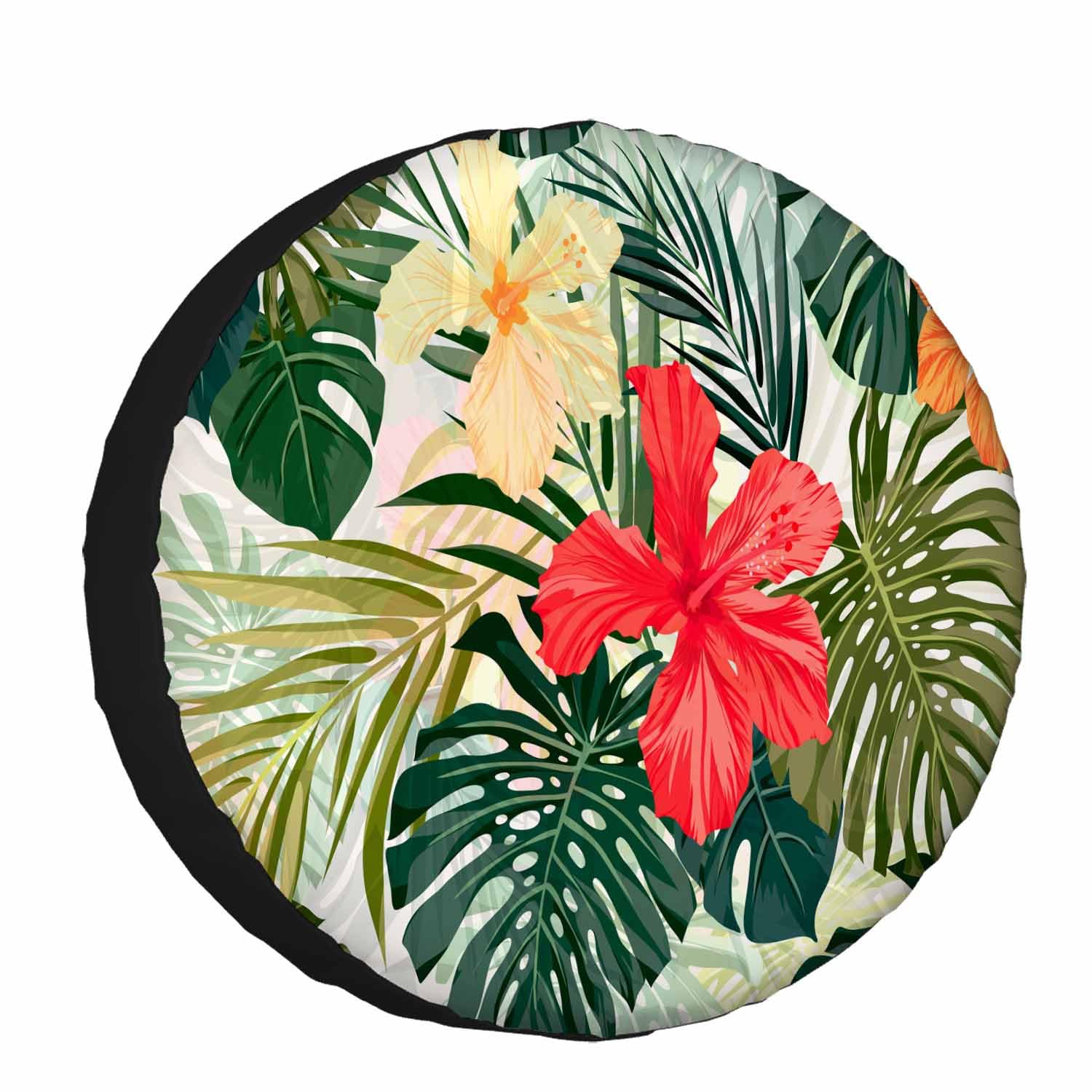 Hibiscus Flowers Spare Tire Cover for RV Trailer Summer Tropical Plants Palm Leaf Wheel Protectors Weatherproof Polyester Tire Case for All Cars SUV Camper Travel 15 inch