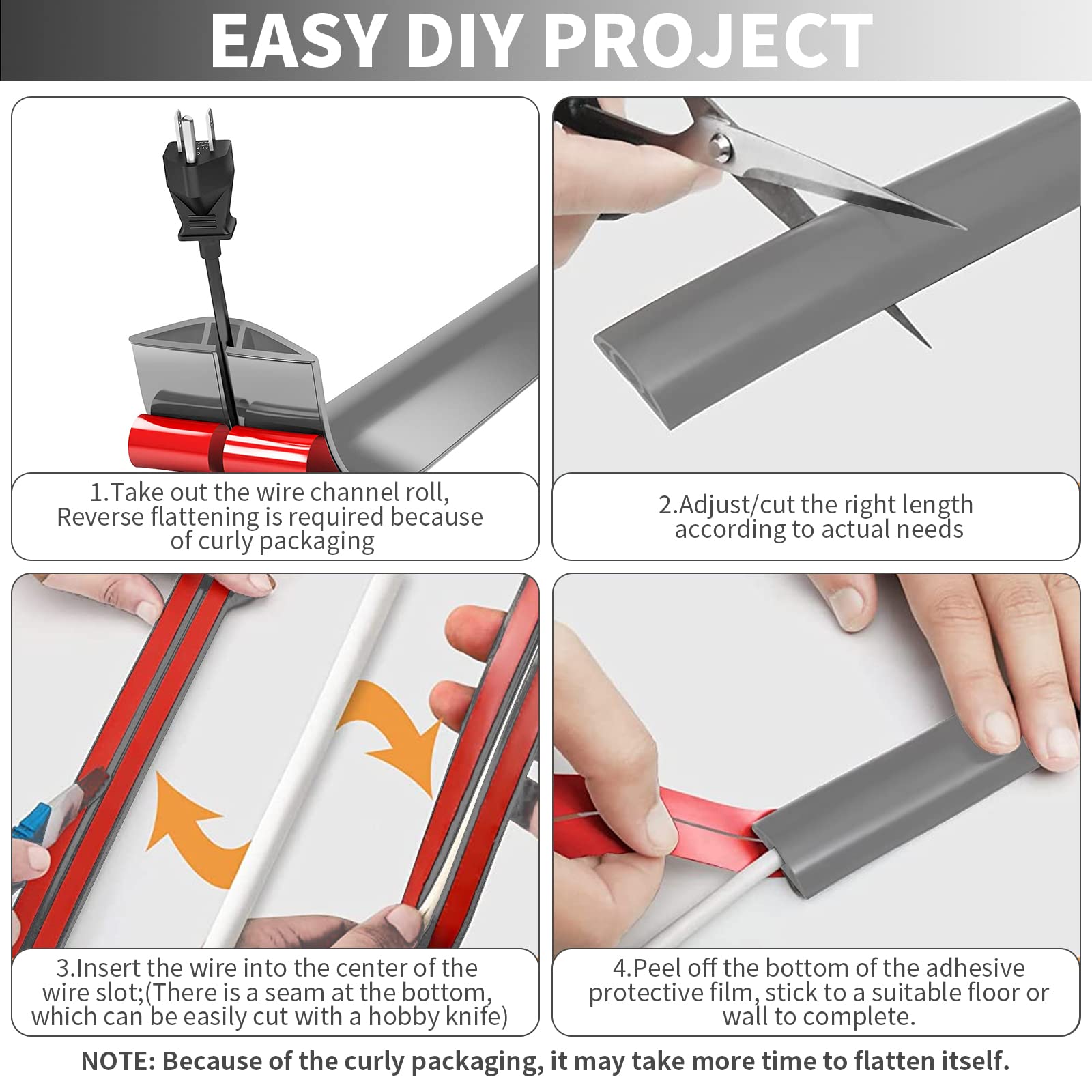 Bocguy 1M Pasacables Suelo, Canaleta Cables Suelo, Protector de Cables para Suelo, Cubiertas de Suelo para Cables Autoadhesiva Montaje para Todos los Hogar, Oficina, Escuela, Almacén (Gris) — view 6