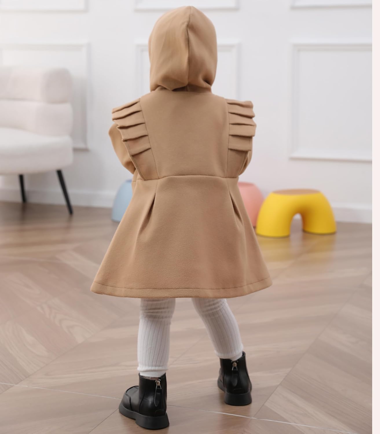 Adorable Toddler's Hooded Camel Coat with Pleated Detail