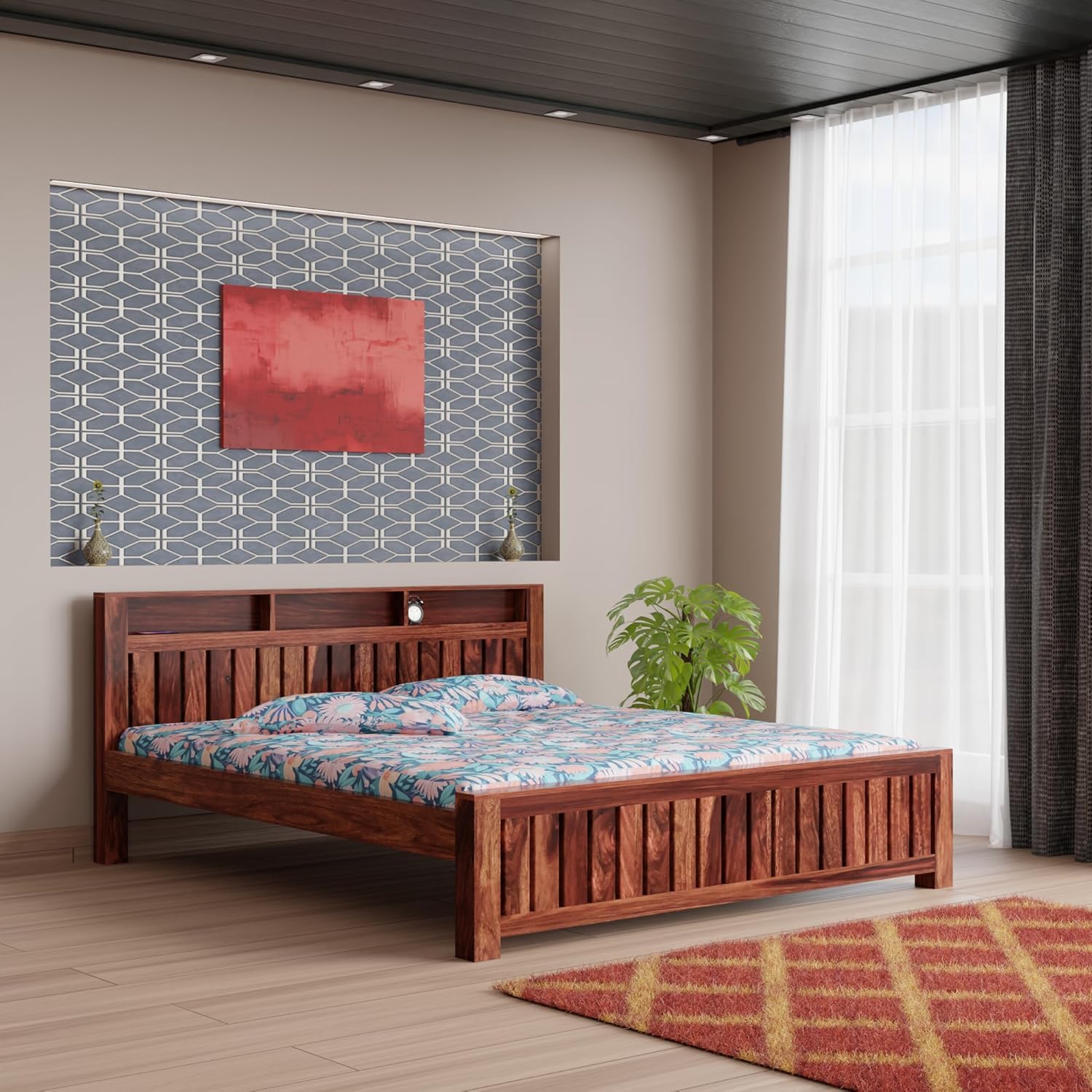 SANKAT MOCHAN Industries Solid SHEESHAM Wood Honey Brown Wooden King Size Bed Double Bed Furniture for Bedroom Living Room with Extra Space(Honey Finish King Size)-image-20