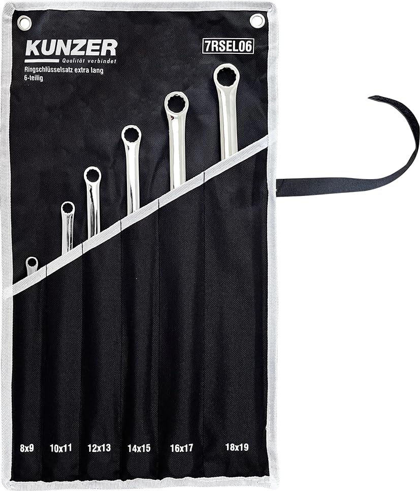 KUNZER 7RSEL06 Ringschlüsselsatz extra lang 6-teilig, Doppelringschlüssel | 12-Kantprofil, Rolltasche, 16x17 und 18x19 mm, Werkzeugstahl