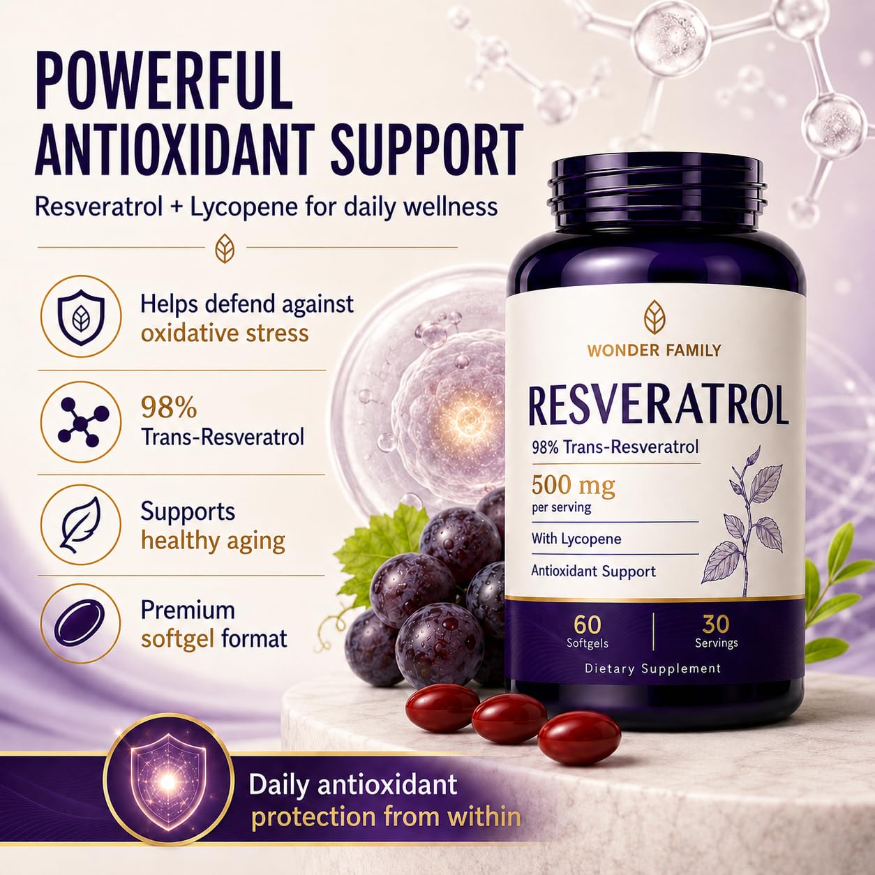 WONDER FAMILY Resveratrol Supplement 500mg, 98% Trans-Resveratrol from Japanese Knotweed, Vegan Antioxidant Capsules for Daily Wellness, Non-GMO, Gluten-Free — Amazon image 8