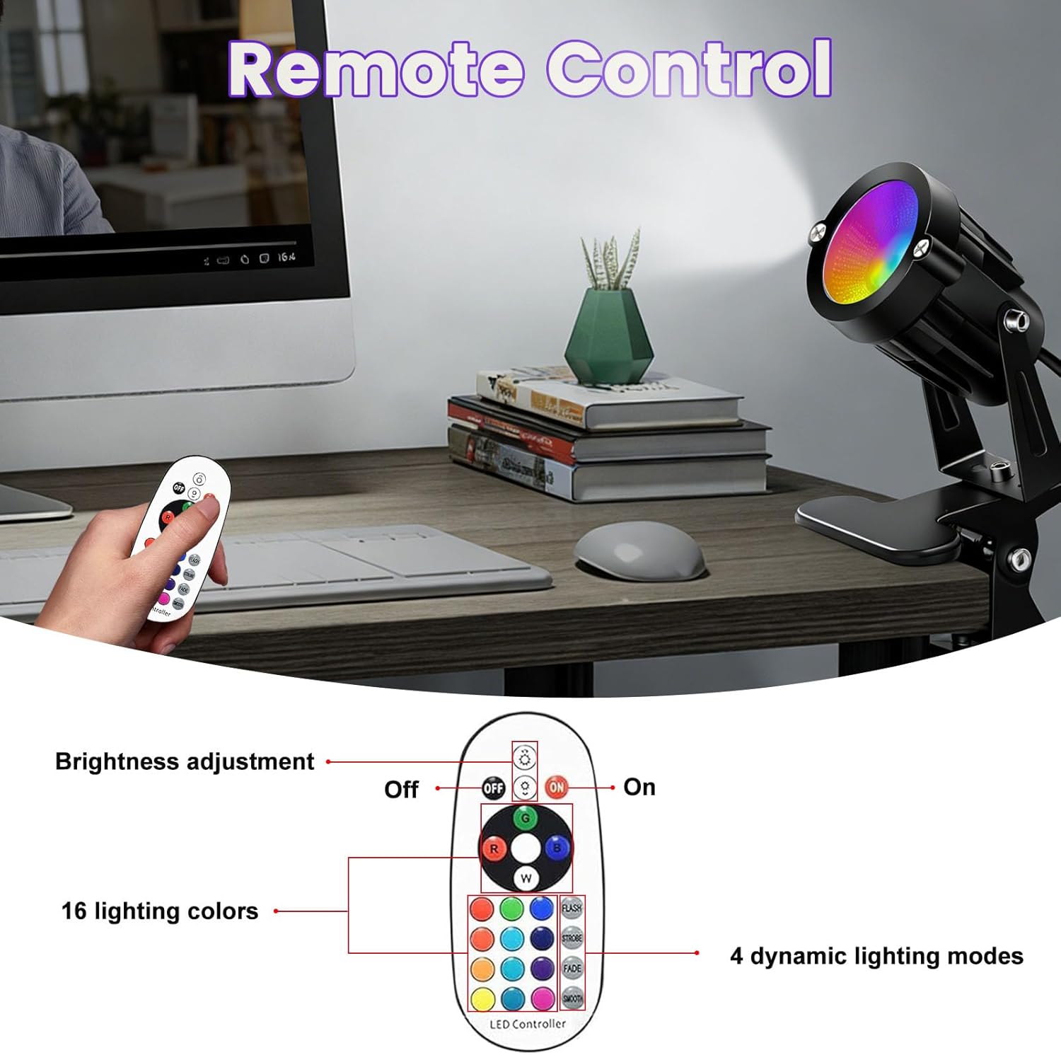AVEKI 6W RGBW Spot Lights Indoor with Remote, 16 Colors Uplighting Indoor Plug in, Waterproof Clamp & Clip-On Spotlights for Plant Picture Party, 2 Pack (RGB-3, 2 Pack)