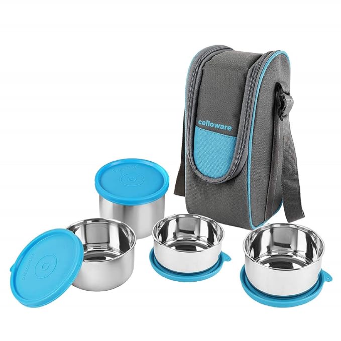 Buy CELLO Steelox Stainless Steel Lunch Box Combo 4- Piece with Jacket, Blue, (Capacities – 225ml, 375ml x 2, 550ml) | Leakproof | Easy to Carry | Easy to Clean | Ideal for Office at Rs. 549
