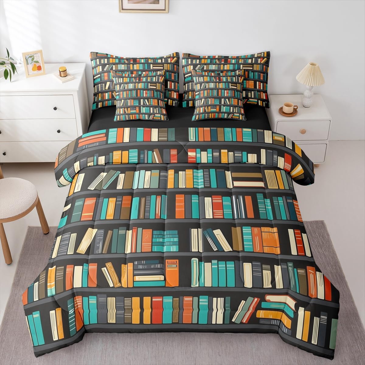 Feelyou Books Twin Comforter Set with Sheets for Kids Boys Girls Bookshelf 7 Pieces Bedding Set Vintage Library Bed in a Bag Retro Room Decor Blue Orange