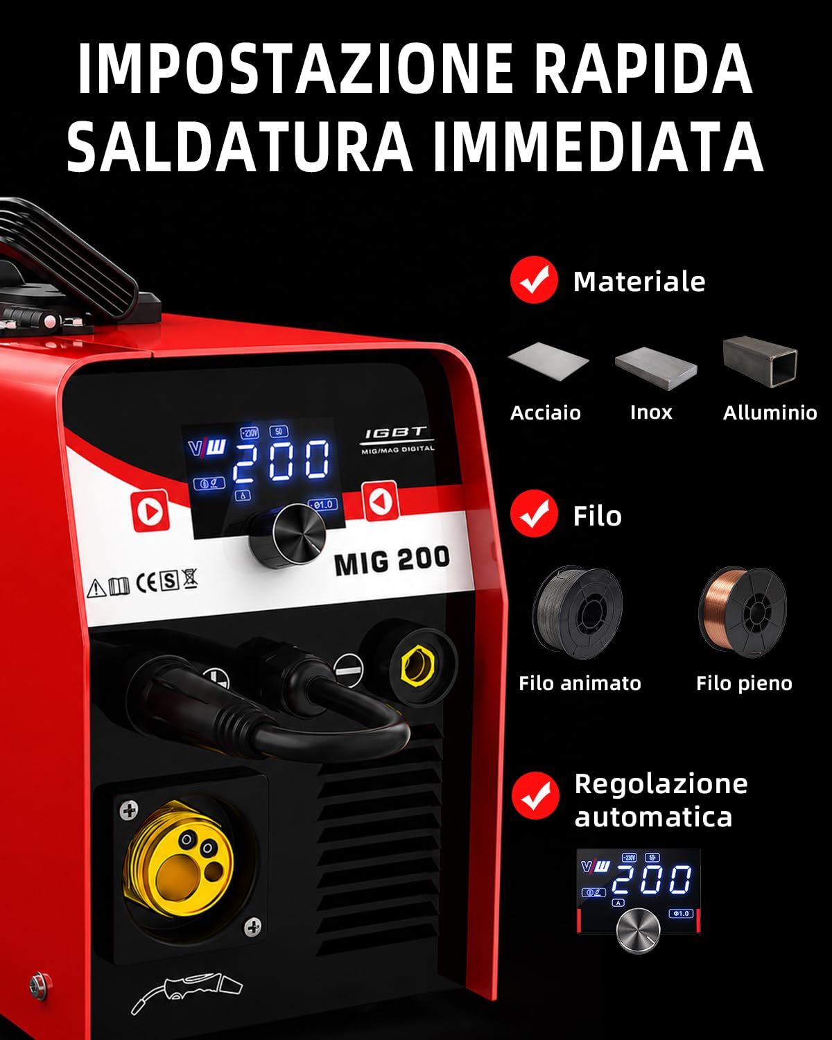 VECTOR WELDING MIG Saldatrice 200 A Set di Fili di Riempimento, Saldatrice Elettrodo 30-200A Dispositivo Combinato con MCU, IGBT, Display Digitale, per Saldatura con e Senza Gas