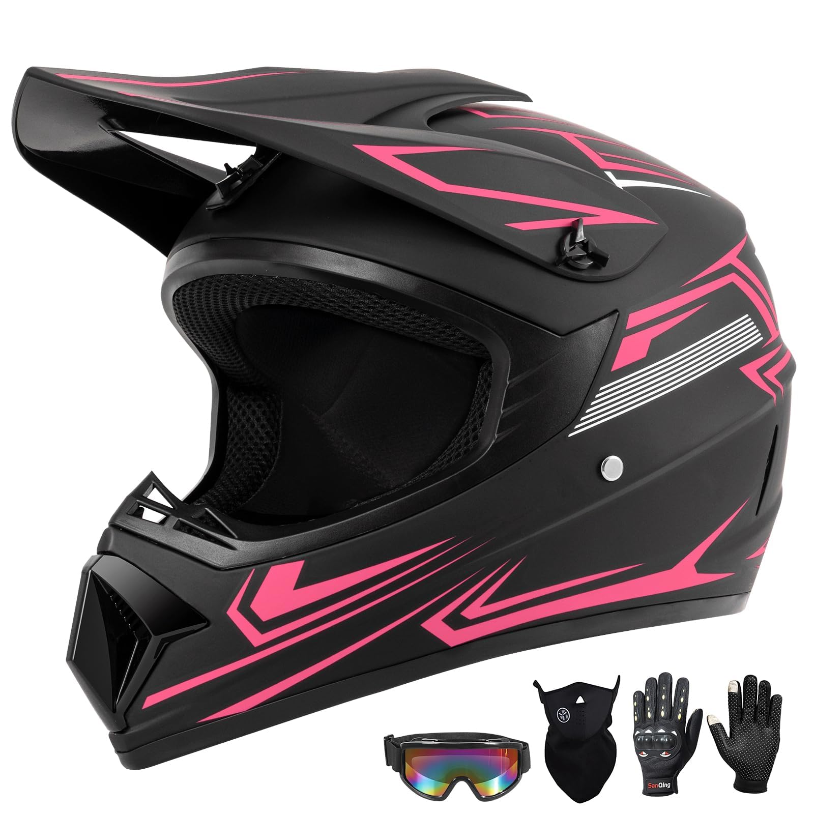 Youth Kids Dirt Bike Motocross Helmet (Goggles Gloves Face Mask) 4PCS Set, DOT Approved Girls Full Face Motorcycle Helmets, ATV BMX MX Mountain Bike Off Road Kid Helmet (Pink, XL)