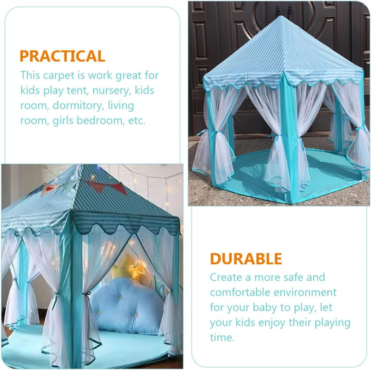 Princess Tent Mat Play Rug Pad Hexagon Carpet for Boys and Girls Bedroom Living Room Nursery Room