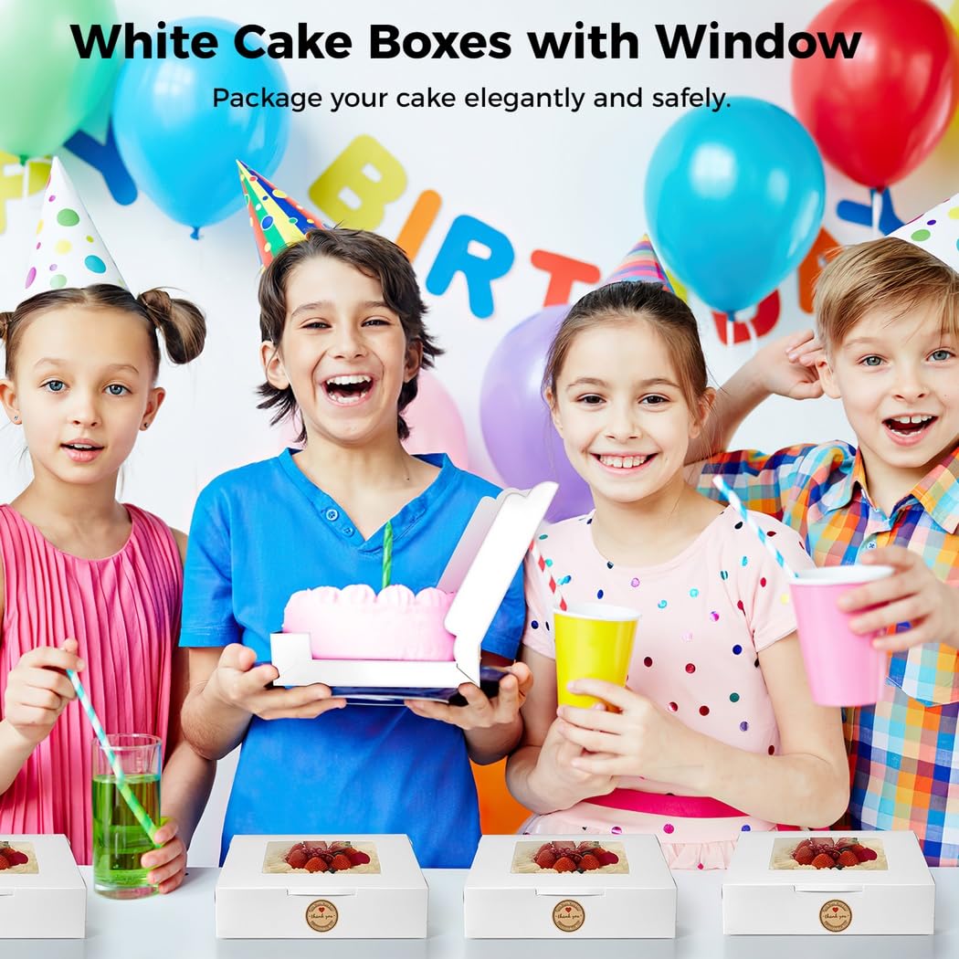 Juego de cajas de panadería de 10 x 10 x 2.5 pulgadas, 10 cajas para tartas con ventanas, embalaje de cartón blanco con 12 calcomanías y cuerda de cáñamo, almacenamiento cuadrado para
