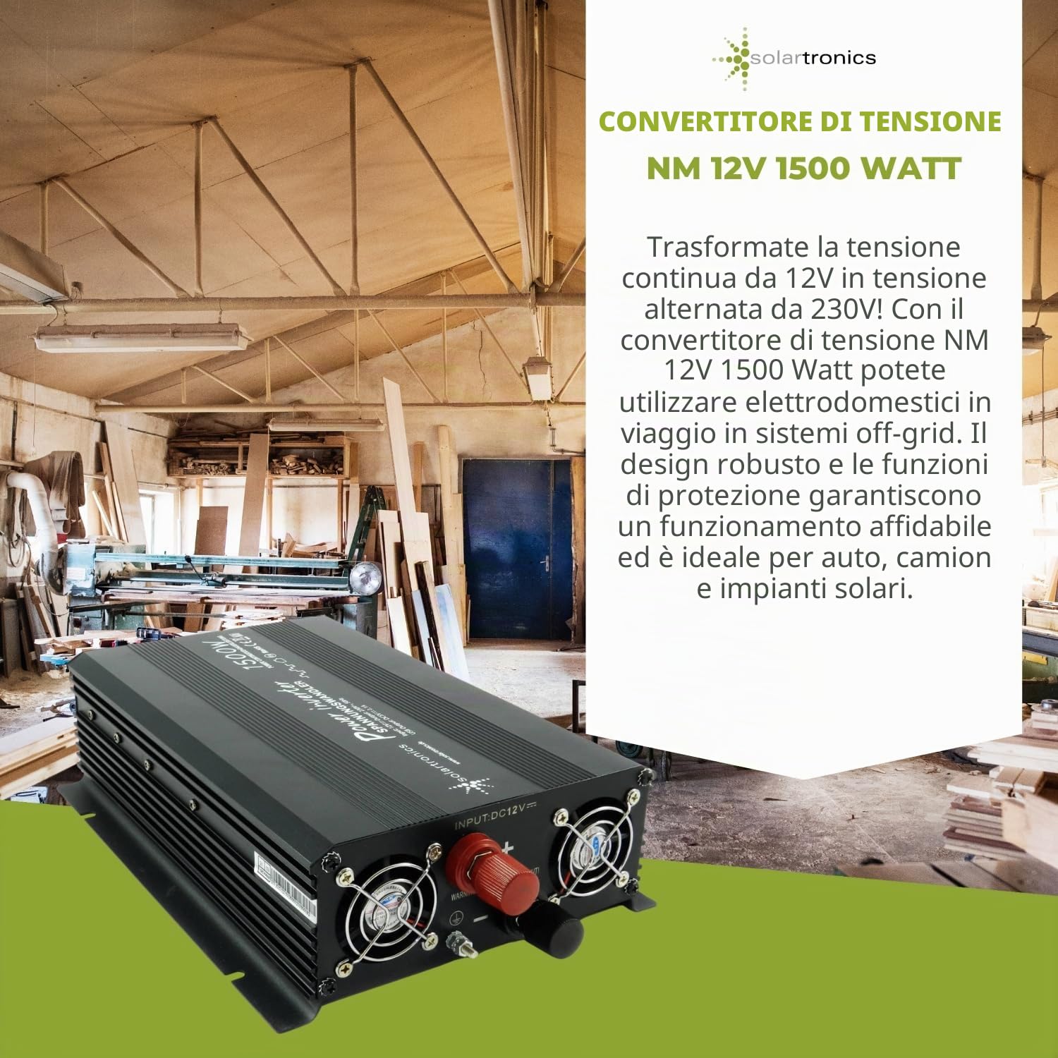 SOLARTRONICS Trasformatore di tensione NM1500, 12 V, 1500 Watt, nero, potenza di picco 3000 Watt, inverter da 12 V a 230 V, compatibile con batteria LiFePO4, al litio, al piombo o AGM, con porta
