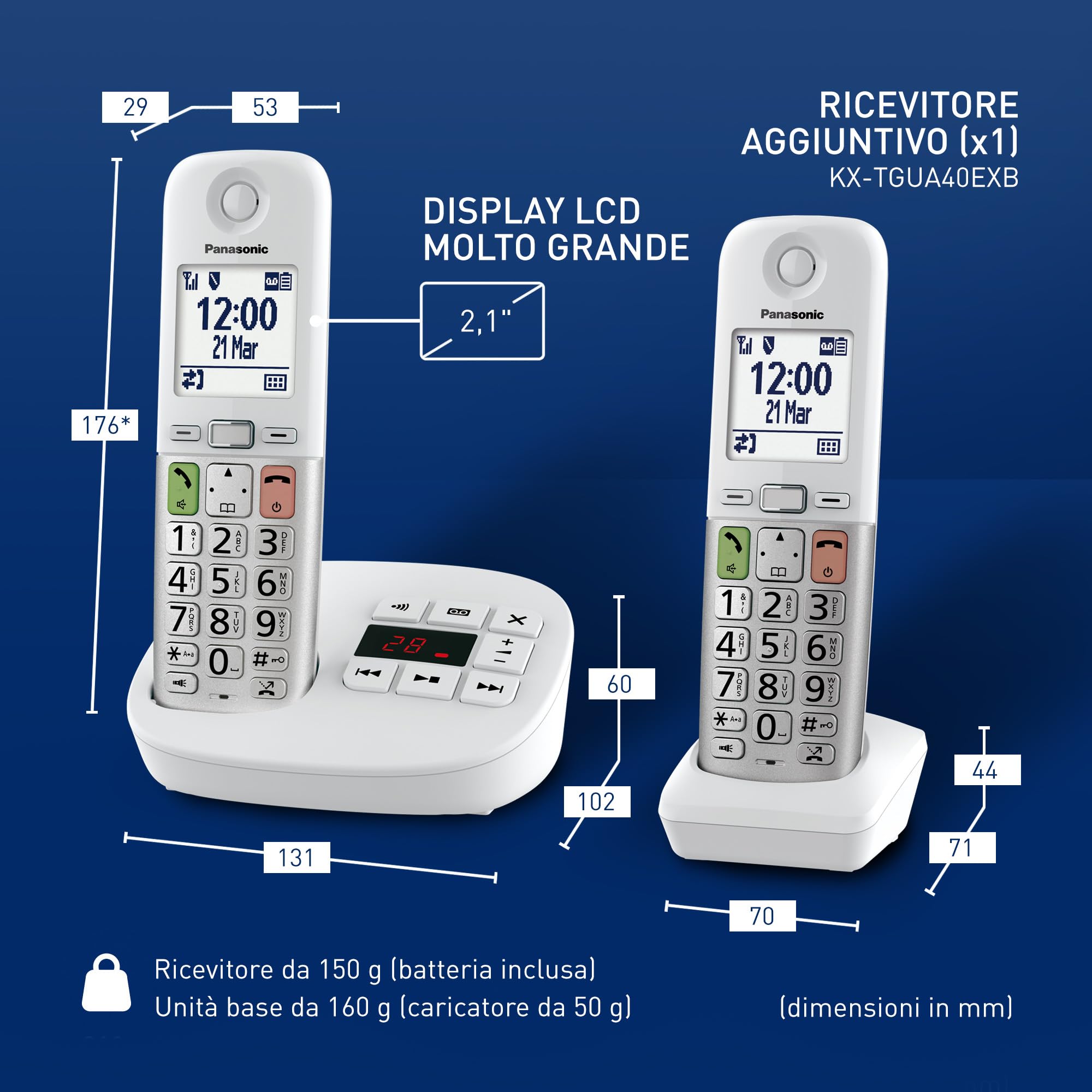 Panasonic KX-TGU432EXW Telefono Cordless Digitale con Segreteria Telefonica, Unità Base e 2 Ricevitori, Display LCD, Fav Call, Torcia, Compatibile con Apparecchi Acustici, Bianco e Argento