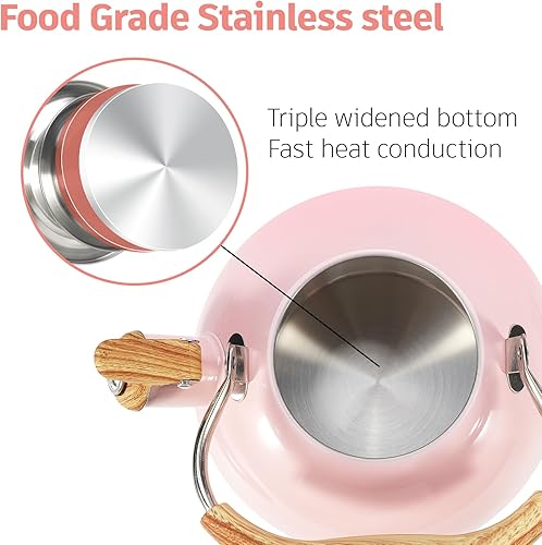 Miniatura 5 de Hervidor de té, estufa silbante de 2.6 cuartos de galón, tetera para estufa, acero inoxidable de grado alimenticio, mango de madera (rosa), con