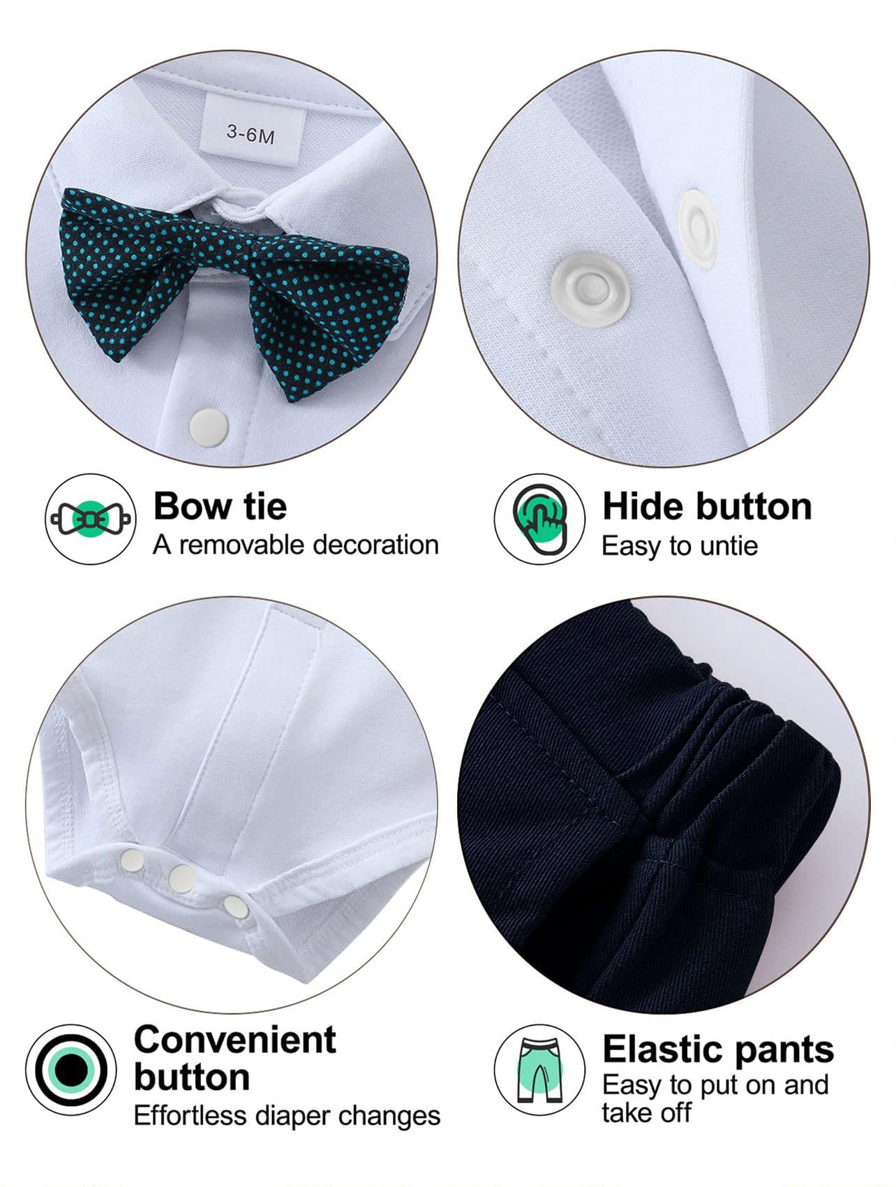 Baby Boy Clothes Outfit Suits 3-24 Months, Infant Gentleman Long Sleeve Romper Jumpsuit+Pants+Bow Tie Formal Tuxedo Clothing Set for Boys