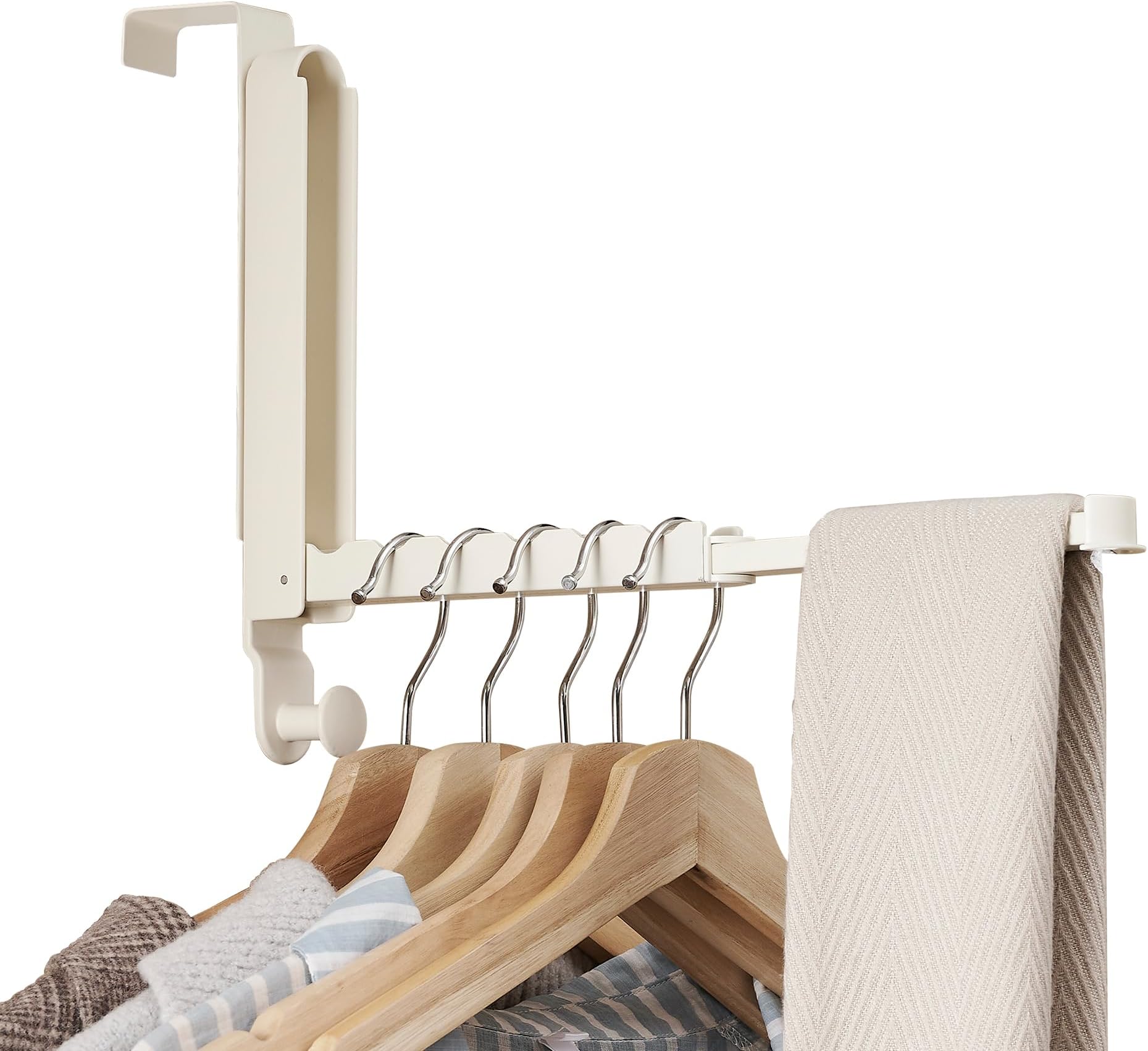 RFOUO Over Door Hanger Fit up to 46mm Optimal 1pc,Coat Hooks for Door with Retractable Rod,Foldable Over Door Hooks for Bedroom Laundry Bathroom (Milky White, 1 Pack)