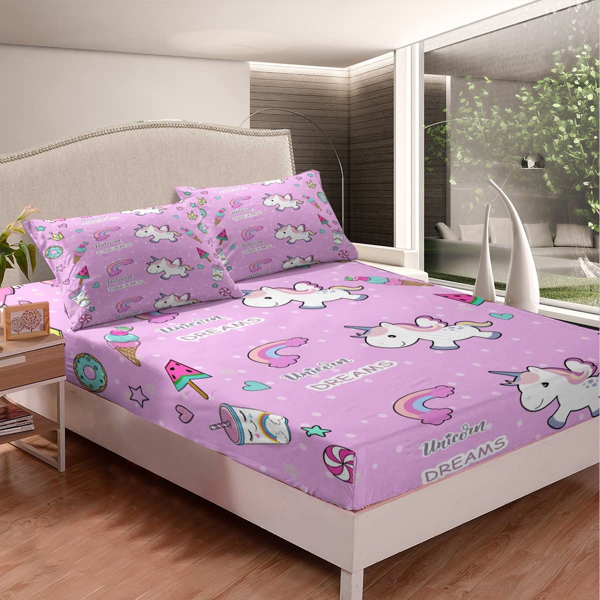 Parure De Lit Licorne Enfant 3 Pièces (drap Housse, Drap Plat, Taie) - Tissu Doux, Pour Lit Simple, Design Féerique