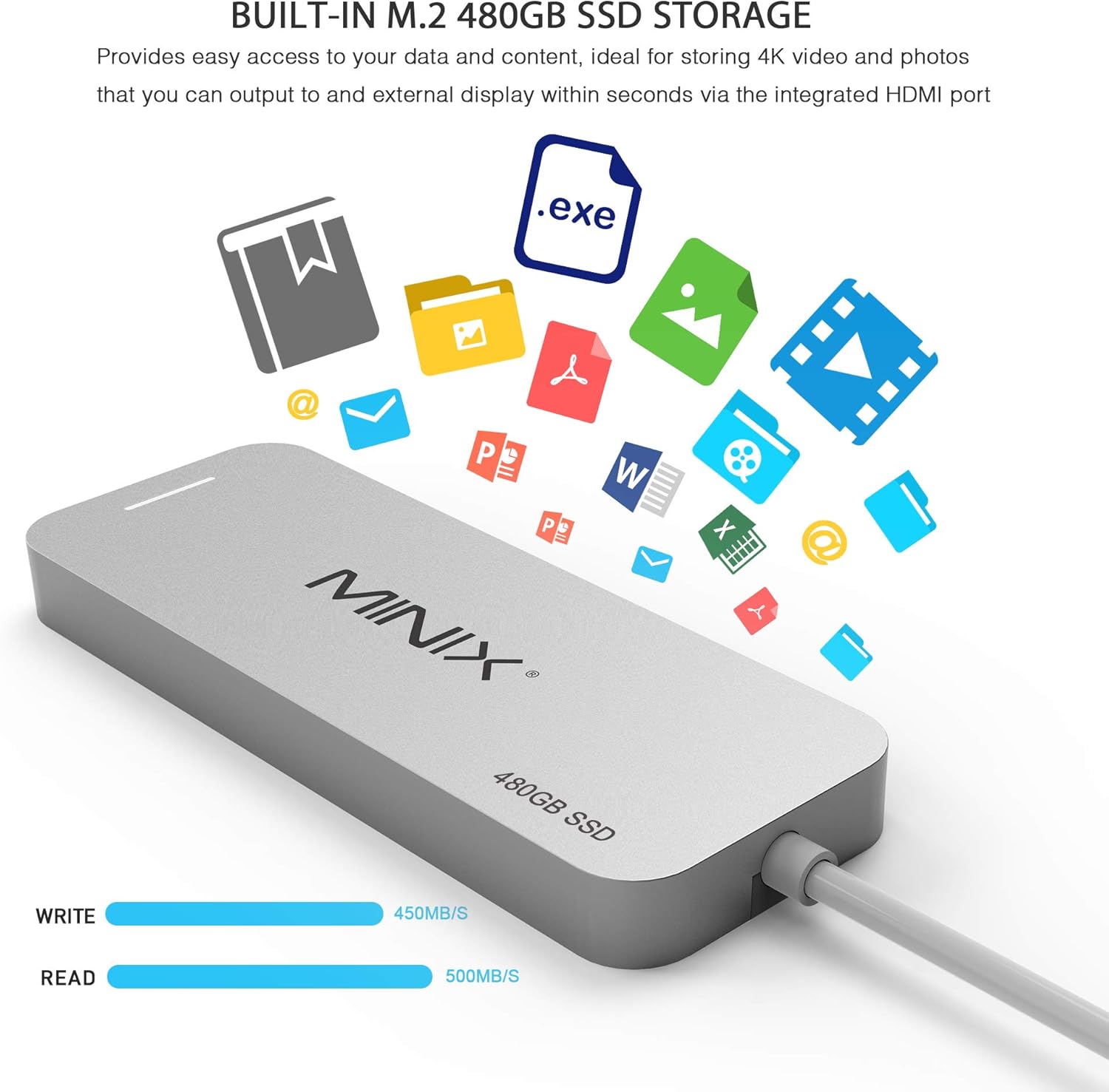 Tech Deals 🔥 MINIX NEO S4 Storage, Aluminium USB-C Multiport SSD Storage Hub, Combine 480GB M.2 SSD Storage with HDMI [4K @ 30Hz], 2 x USB 3.0, USB-C for Power Delivery, Compatible with Apple MacBook. (Silver)