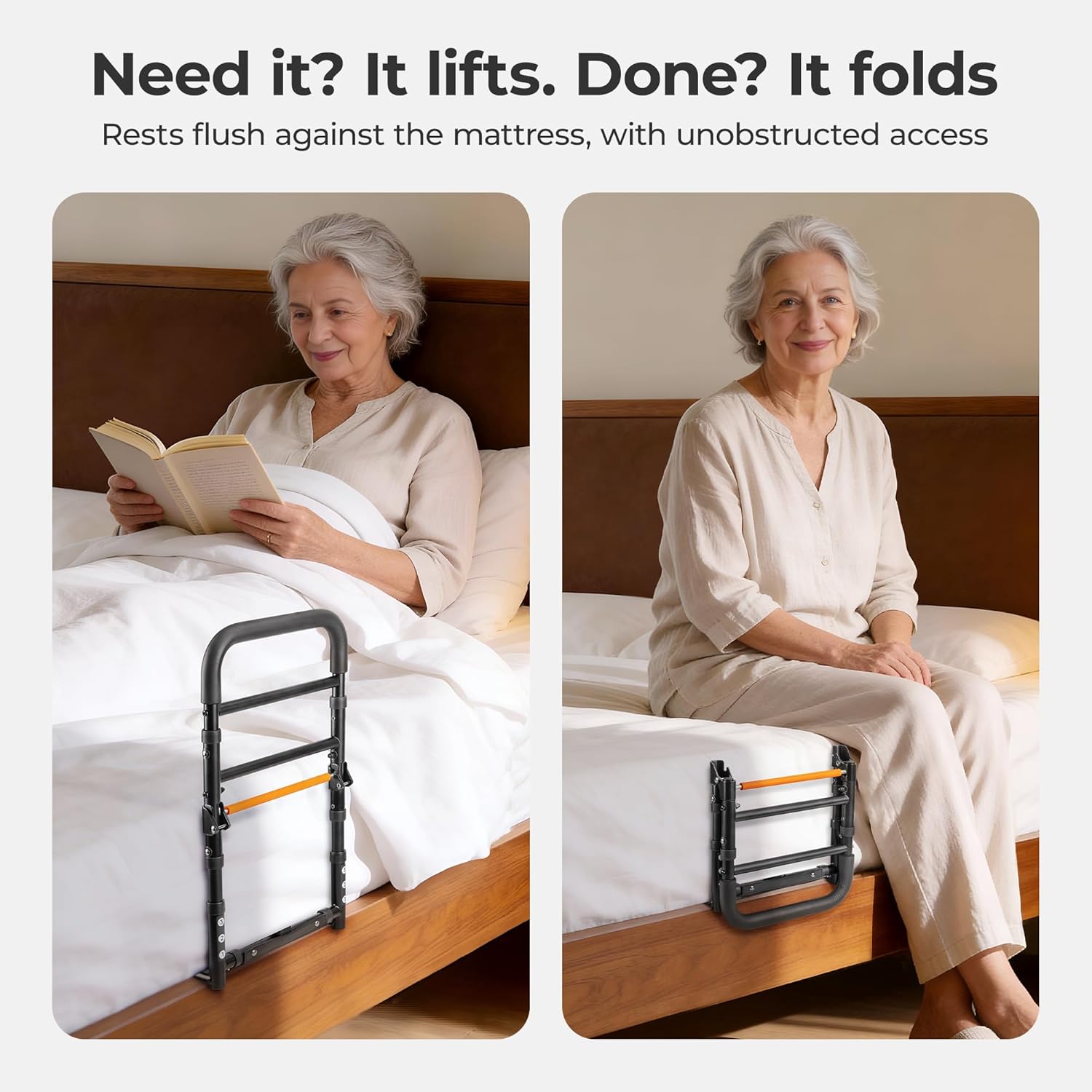 C1 Fold Bed Rails for Elderly Adults Safety - Bed Assist Rail with Adjustable Height, Tool-Free One-Hand Foldable Bed Rails for Seniors