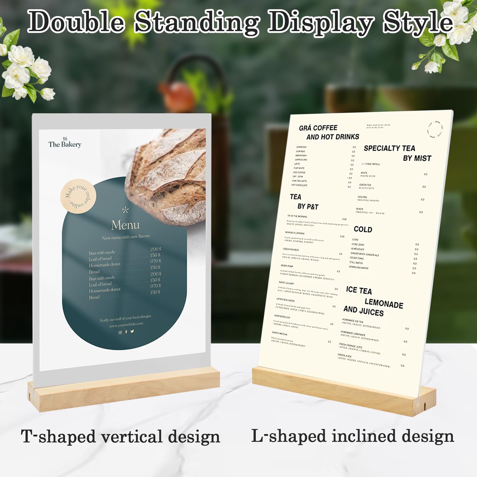 Lot de 6 Présentoirs de Table A5, L/T Forme Plaque en Acrylique A5 Support Affiche, Double Face Porte-menu avec Base en Bois, Porte-feuille pour Exposition Café Bureau école-15*21CM