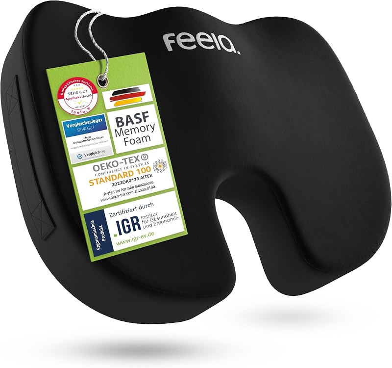 feela.® Orthopädisches Sitzkissen [3 Härtegrade] TESTSIEGER – Ergonomisches Sitzkissen für Bürostuhl & Auto – Schmerzlindernd, Steißbein entlastend, Sitzkomfort & Durchblutung fördernd (Medium)