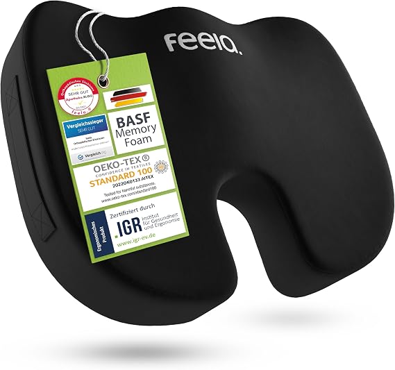 feela.® Orthopedic seat cushion [3 degrees of hardness] TEST WINNER – Ergonomic seat cushion for office chair & car – Pain-relieving coccyx relieving seating comfort & promoting blood circulation (soft)